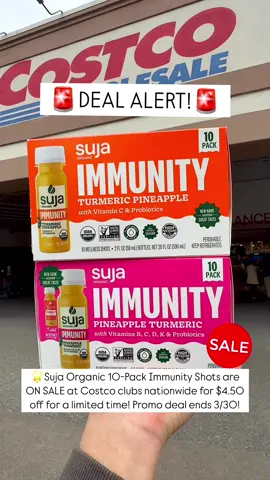 ‼️DEAL ALERT‼️ 🌟@Suja Organic 10-Pack Immunity Shots are on sale at @Costco Wholesale clubs nationwide for $4.50 off for a limited time! Promo deal ends 3/30! #SujaPartner 💪Boost your immunity with this powerful organic blend of live probiotics, ginger, turmeric & echinacea! 🍍This Pineapple meets turmeric shot provides next-level immune support and gut health! 🛒 A must add to your cart on your next Costco trip! Find this in the refrigerated beverages section of your local Costco! Stock up while it’s on sale!! #SujaOrganic #costcodeals #CostcoFinds #costco #immunesupport #guthealth