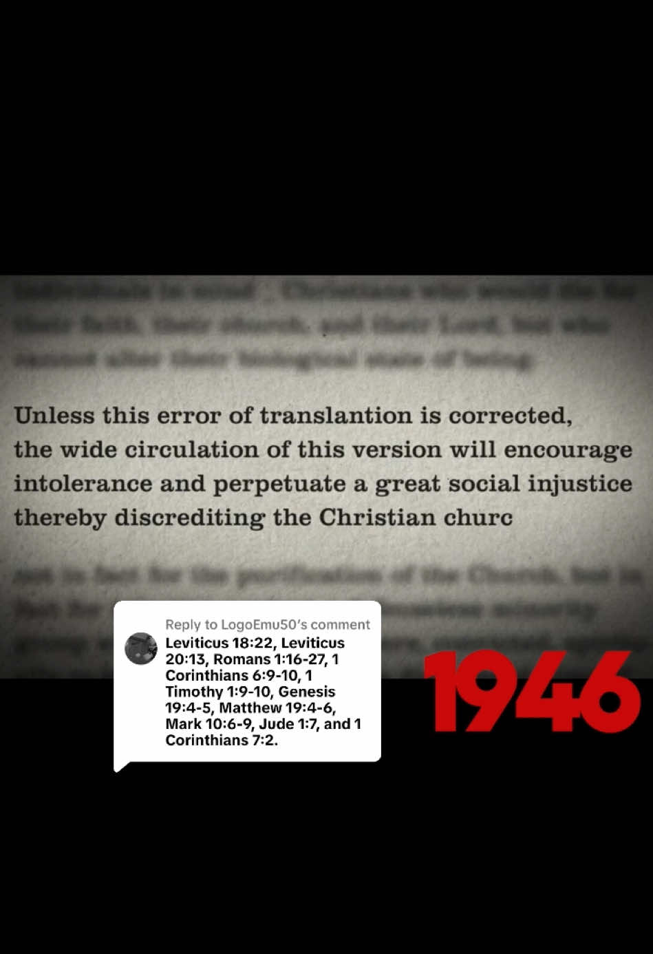 Replying to @LogoEmu50 Every passage in the Bible that is traditionally used to condemn LGBTQIA+ people are actually condemnations of s*xual viol*nce, r*pre ab*se and exploitation.. To learn more watch 1946: The Mistranslation That Shifted Culture. 1946themovie.com