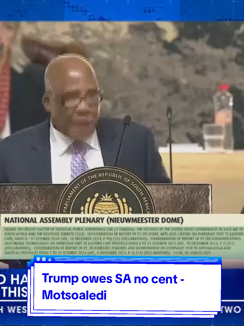 The National Assembly is holding an urgent debate on the United States government's decision to halt aid to South Africa. Health Minister Aaron Motsoaledi says US President Donald Trump does not owe South Africa a cent. #DStv403 #eNCA