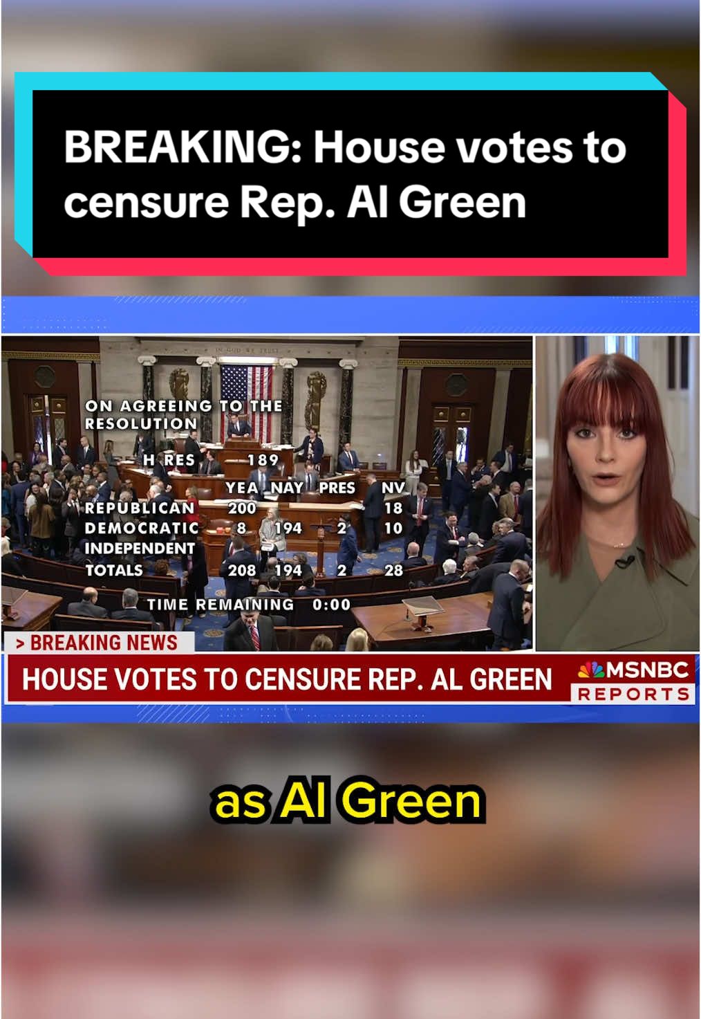 BREAKING: The House of Representatives voted to censure Representative Al Green (D-TX) after Green disrupted President Trump’s address to Congress earlier this week. The vote to reprimand the Texas Congressman turned out to be bipartisan, with ten Democrats voting with Republicans. The censure proceedings were disrupted by Democrats who joined Rep. Green in the well of the House floor and sang We Shall Overcome while Speaker Johnson was reading out the adopted resolution. #politics #news #breakingnews #government #trump #congress