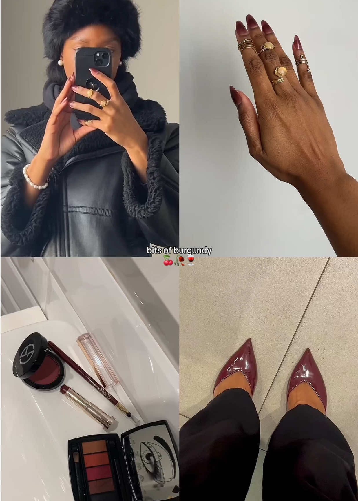 🍒🥀🍷  #winterfashion #wintervibes #burgundymakeup #allblack #burgundy #furhat  #pinterestlook Burgundy makeup #armanibeauties #andotherstories #minimalistsyle #blackugccreator burgundy nails burgundy outfit inspo #ugccreator #inspiration bits of burgundy#RalphLaurenRomance winter faux fur #giftedbylancome #wintervibes #burgundynails Loreal LUXE #pinterestaesthetic #LorealLUXE  #GiftedByRalphLaurenFragrances #postitfortheaesthetics  @& Other Stories @imPRESSBeauty @Lancôme @Armani beauty @Ralph Lauren Fragrances 