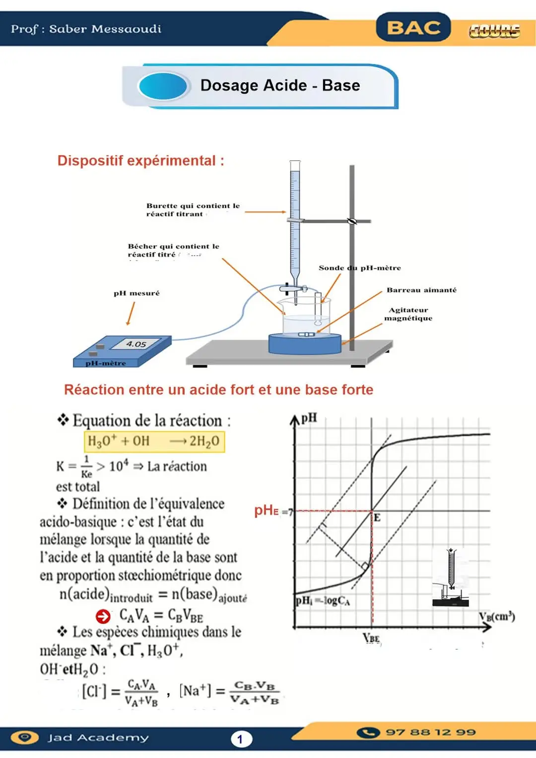 ⏩️Cours  + Série corrigé Dosage acide base   ⏪️ 🔹️ Chimie  🔹️ ✅BAC  science / Technique /  Math 🗃JAD academy - جاد أكاديمي #bac #foryoupage❤️❤️ #physics 