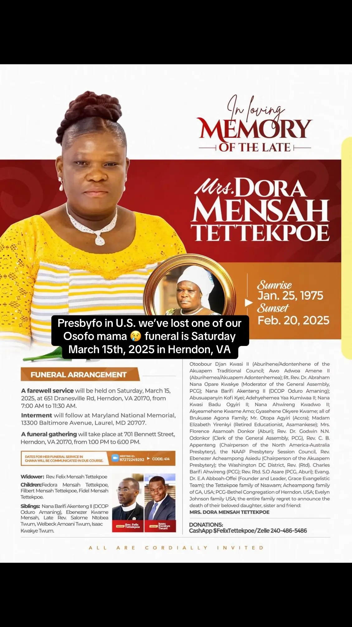 Presbyfo in U.S. we’ve lost one of our Osofo mama 😢 funeral is Saturday March 15th, 2025 in Herndon, VA#goviral #fypシto #trendingvideo #fygoviral 