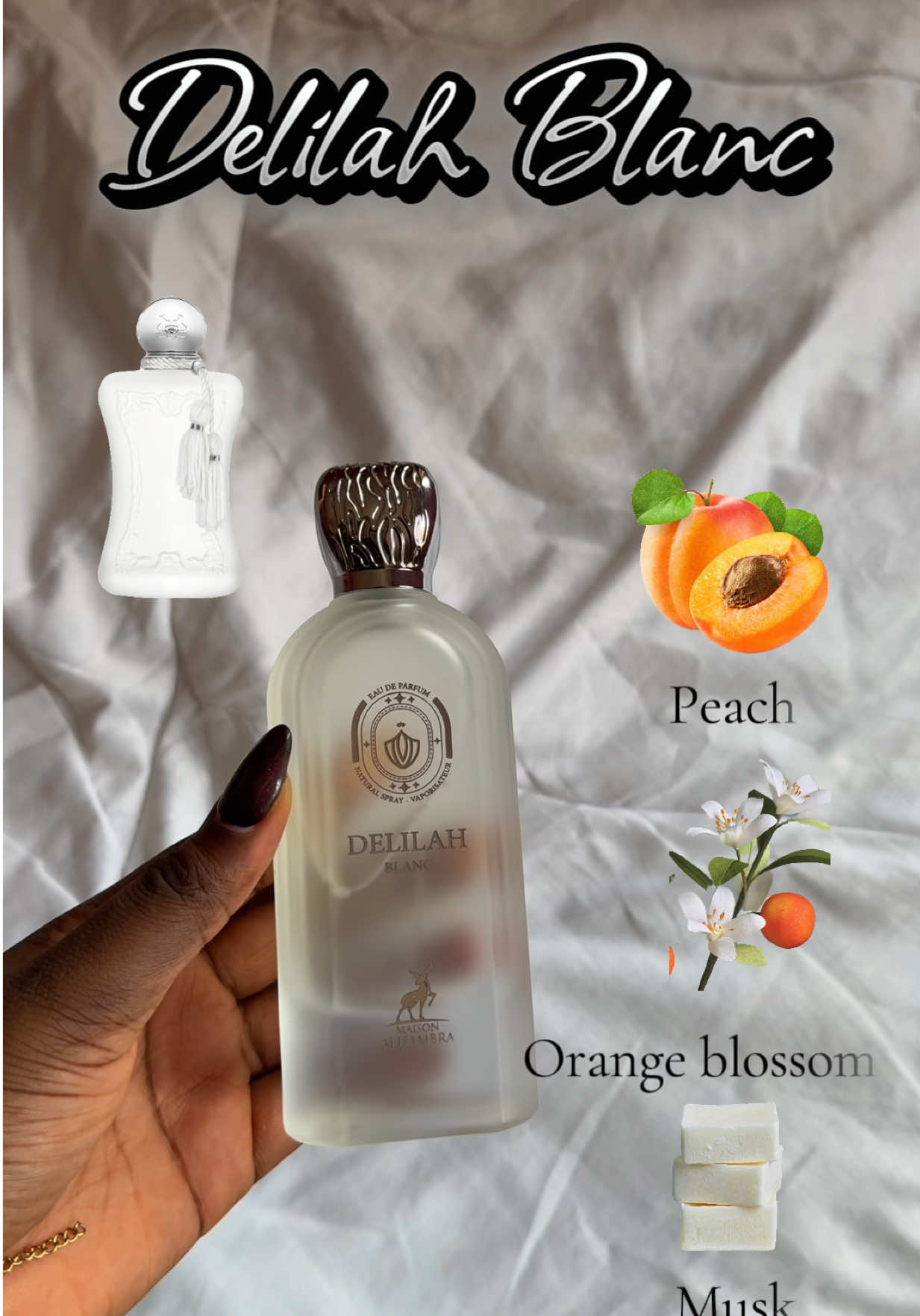 Delilah Blanc by Maison Alhambra- She’s gorgeous! The most affordable alternative yet! To Valaya 🥹🤍✨.  Top Notes: Mandarin, Bergamot, White Peach  Heart Notes: Orange Blossom, Vetiver Base Notes: Vanilla, Musk Fruity, Aquatic, Musky , just how i like it 🤭🤍✨ @Newness Tochi  #perfumetiktok#affordableperfume#delilahblanc#perfumes 