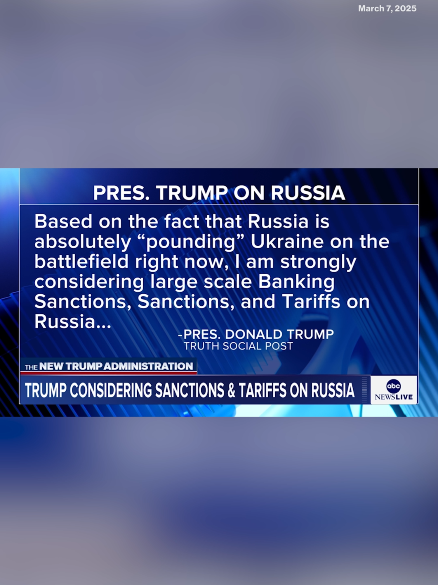 JUST IN: Pres. Trump said he's now considering sanction and tariff actions against Russia, until a ceasefire and peace agreement is reached with Ukraine. 