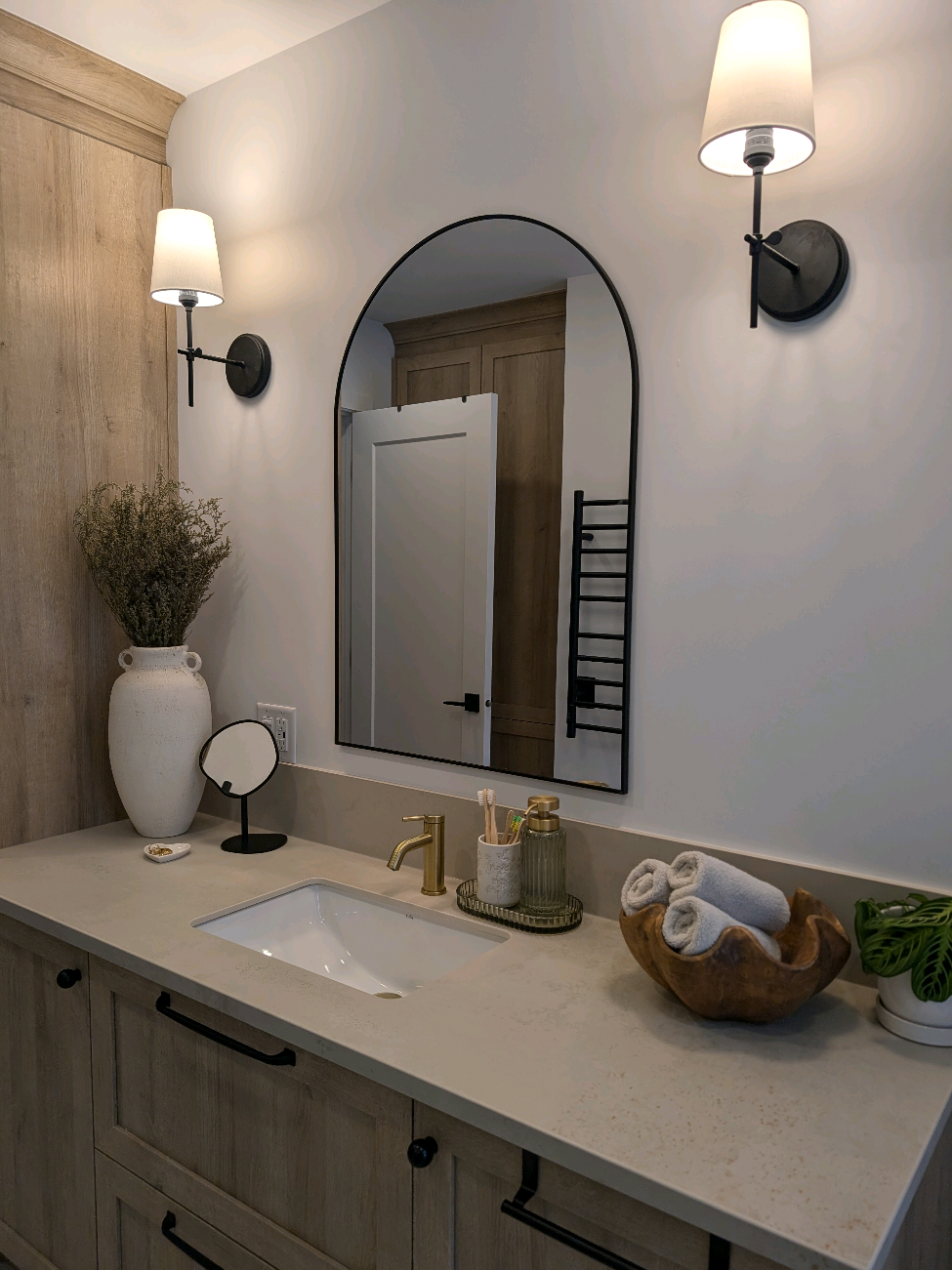 Wait for the reveal!!! 🥹🤍 Combined 2 small and dysfunctional bathrooms in one huge!! We worked so hard!!  The absolute chaos at the beginning, the anxiety and the time-consuming process! But the end result is worth it 🤍 I'm so happy!!!   Merci à Armoires Cuisines Action pour mes magnifiques armoires! 🤍  #remodel #remodeling #bathroom  #bathroommakeover #bathroomremodel  #asmr #cleaningwithgabie 