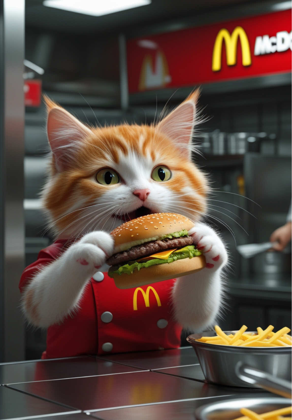 🐱🍔 McDonald’s New Employee? This Adorable Cat is the Star! 🍟✨ Who would have thought McDonald’s has a fluffy chef? 🐾 From making burgers 🍔 to frying fries 🍟, this cat is ready to serve food with full dedication! End of shift? Time to enjoy the hard work! 😻🔥 #McDonalds #CatChef #CuteCat #FastFood #FunnyCats #McDonaldsCat #CuteAnimals #ChefLife #Foodie #Viral #viraltiktok #viralvideo 