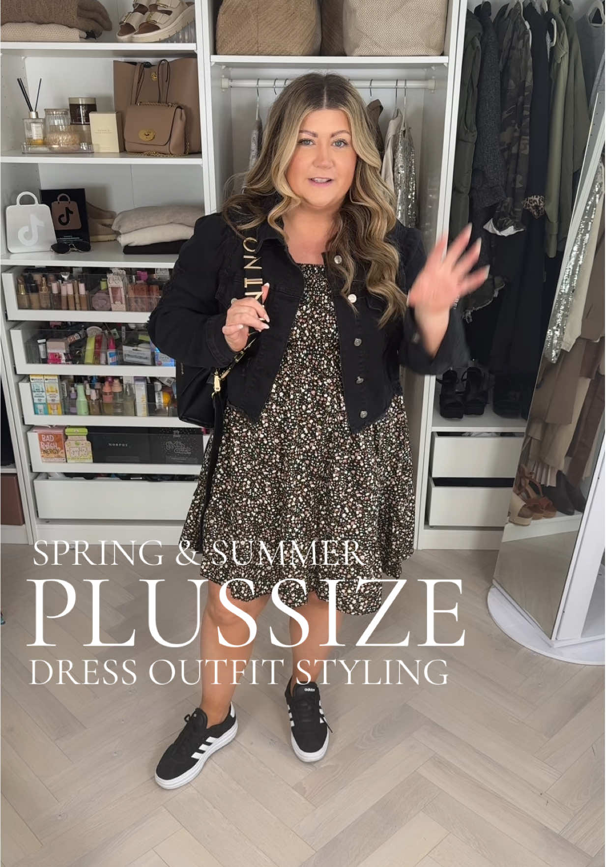 #plussize spring a summer #dress  This cute #casualdress is an any occasion staple pair with this stretchy denim jacket and your fav trainers for a casual spring look and switch up the footwear to a sandal for summer.  #plussizeoutfit #casualoutfit 