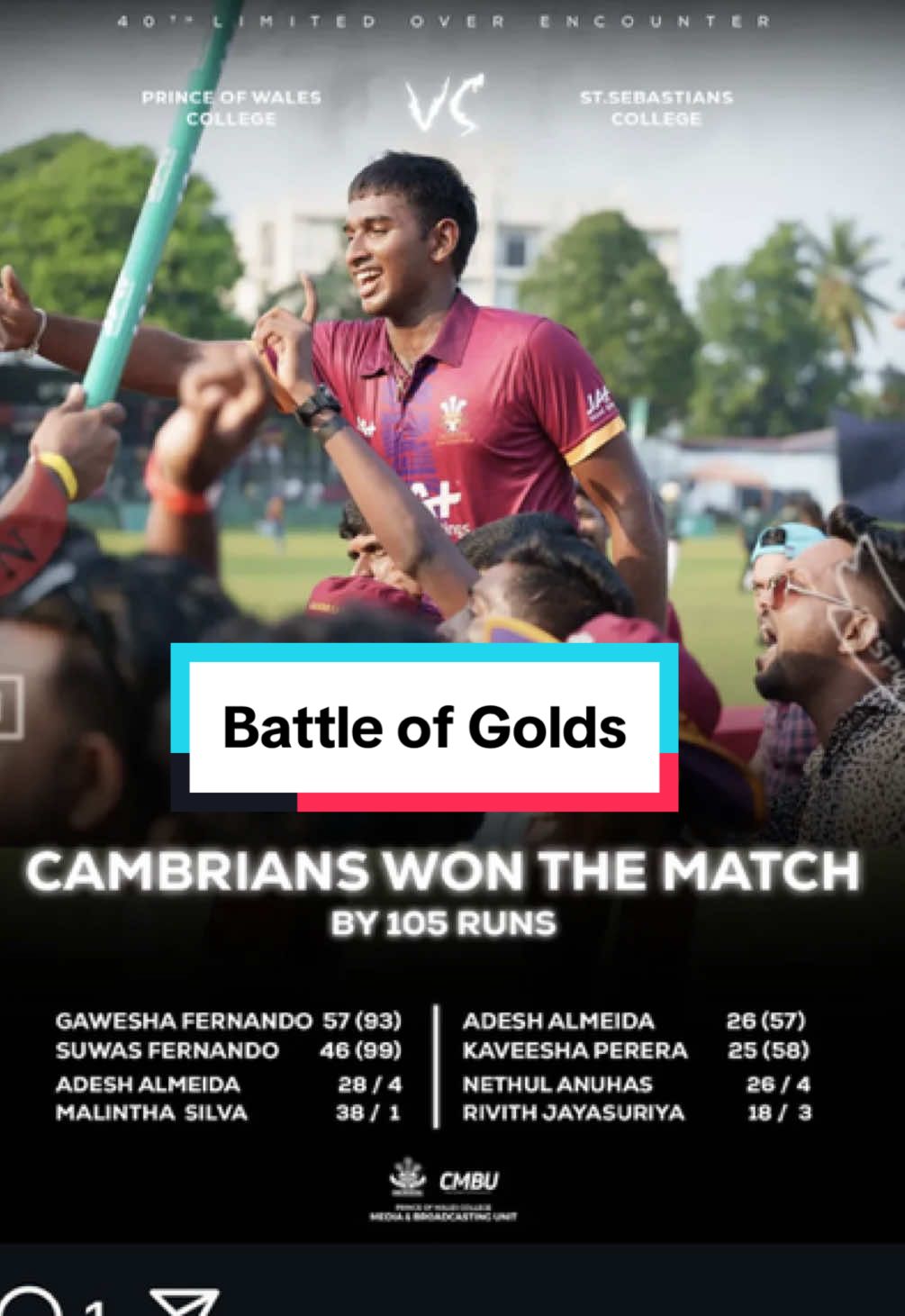 Battle of Golds : Cambrian Winning Moment , Prince of Wales College won by 105 against St.Sebestians #bigmatch #cambrians #battleofgolds #2025 #princeofwalescollege #cricket #srilanka #fyp #trending #relax 