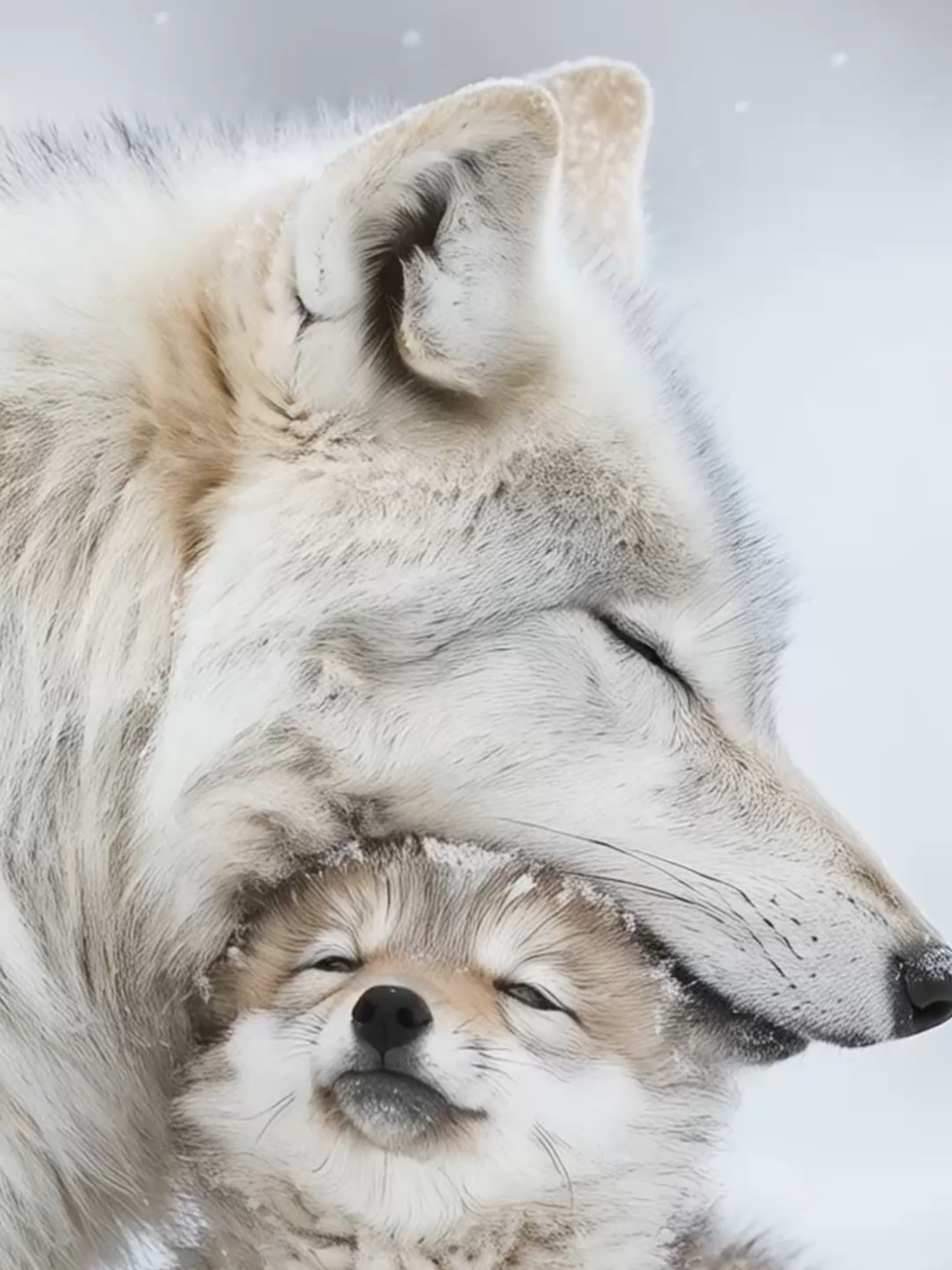 Warmth in the cold ❄️🐺 Safe in mama’s love 🤍✨ #CozyInTheSnow #BeastlyBliss #ArcticWolves #WinterLove #WildAndFree #FrozenHugs #NatureBond #WolfFamily #PureBliss