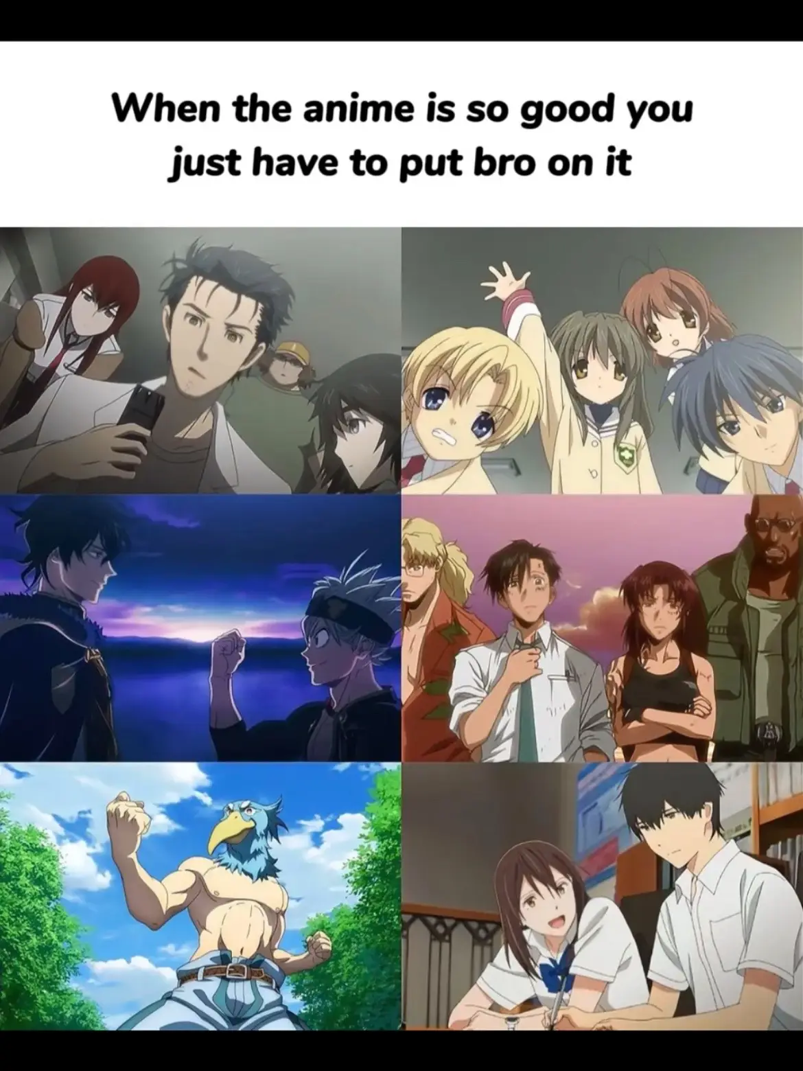 #steinsgate #clannad #blackclover #gate #goldentime #cyberpunkedgerunners #blacklagoon #danmachi #eightysix #akamegakill #fatestaynight #nisekoi #anime #animerecommendations #animetiktok #animes