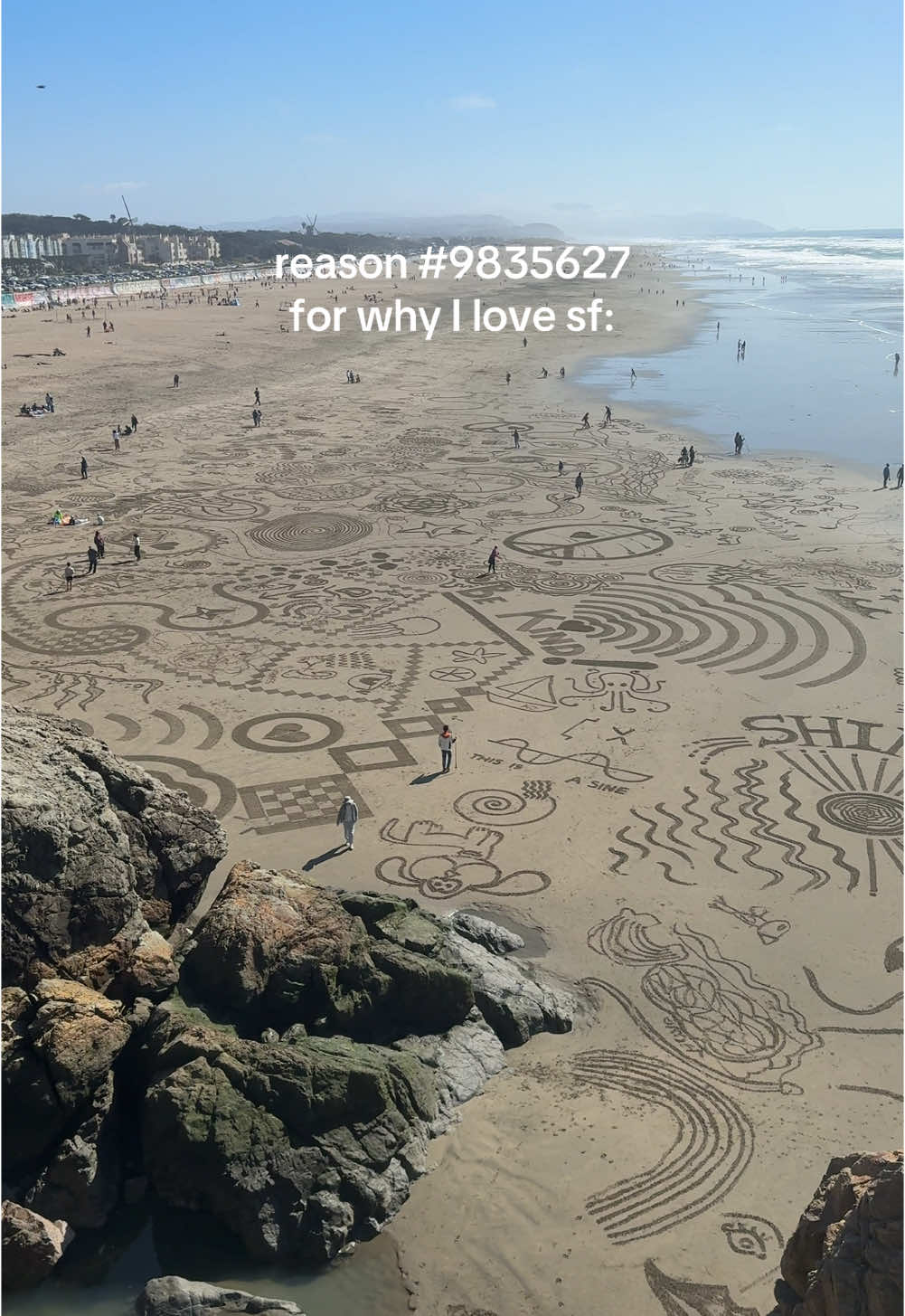 safe to say giant sand art at OB was a success, theme was beach/sea 🌊✨ #sf #sftok #oceanbeach #beachart #sandart 