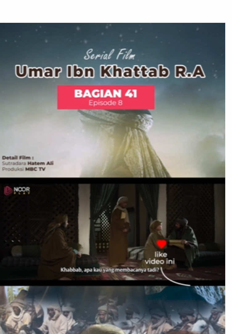 Bagian 41 - Eps 8 Fathimah, adik Umar bin Khattab, mendekati kakaknya yang masih duduk terdiam dengan hati yang kalut. Namun kali ini, ia tidak lagi takut. Dengan penuh kasih sayang, ia berkata, “Saudaraku yang aku cintai...” Umar mendongak, menatap adiknya dengan mata yang mulai dipenuhi kesadaran. Tiba-tiba, dari tempat persembunyiannya, Khabbab bin Al-Aratt keluar. Dengan penuh keyakinan, ia menatap Umar dan berkata, 