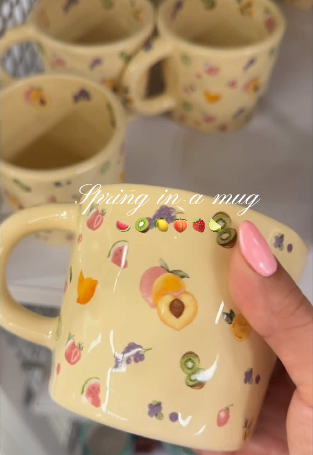 Okay sorry but this has to be the cutest little spring mug I have ever seen! 🍑🥝🍉🍓🍋🍋‍🟩✨#CapCut #spring #mug #cute #shopping 