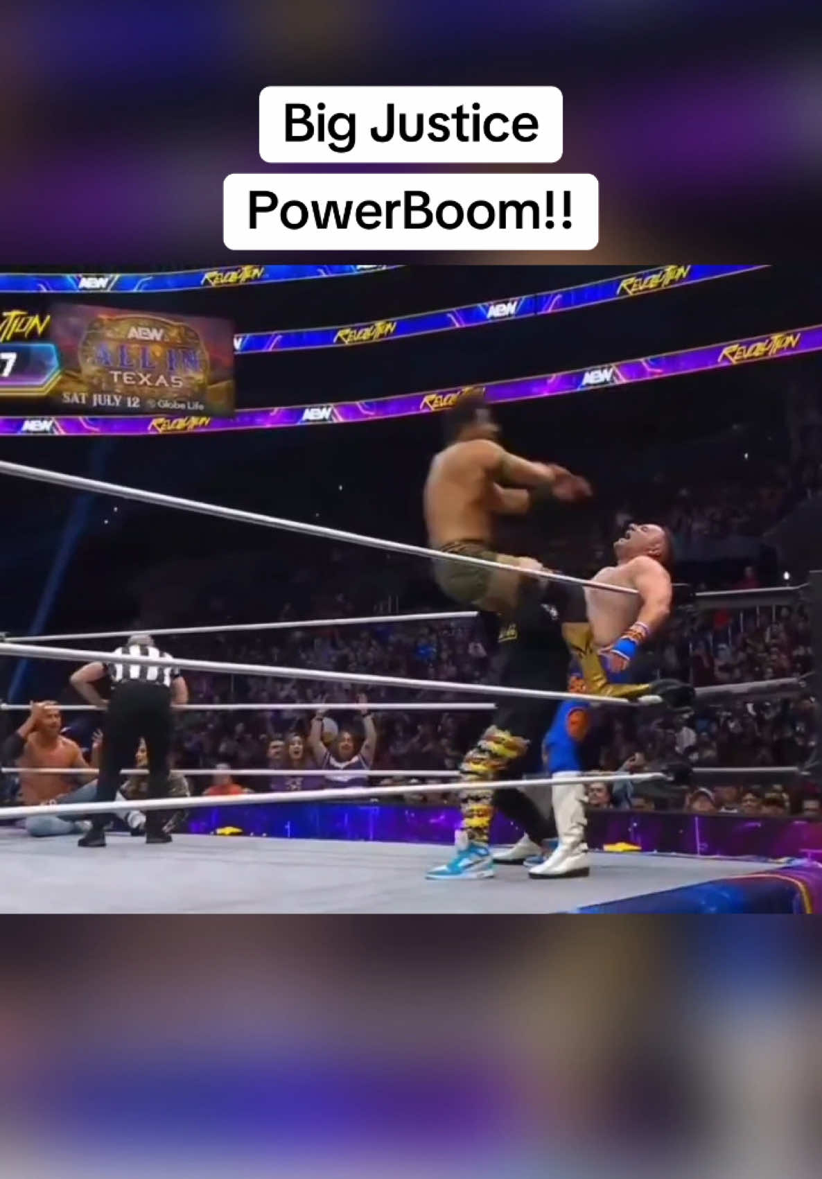 Big Justice saves Big AJ with a POWERBOOM 💥💥💥 #aew #aewrevolution #costcoguys #therizzler #bigjustice #bigaj 