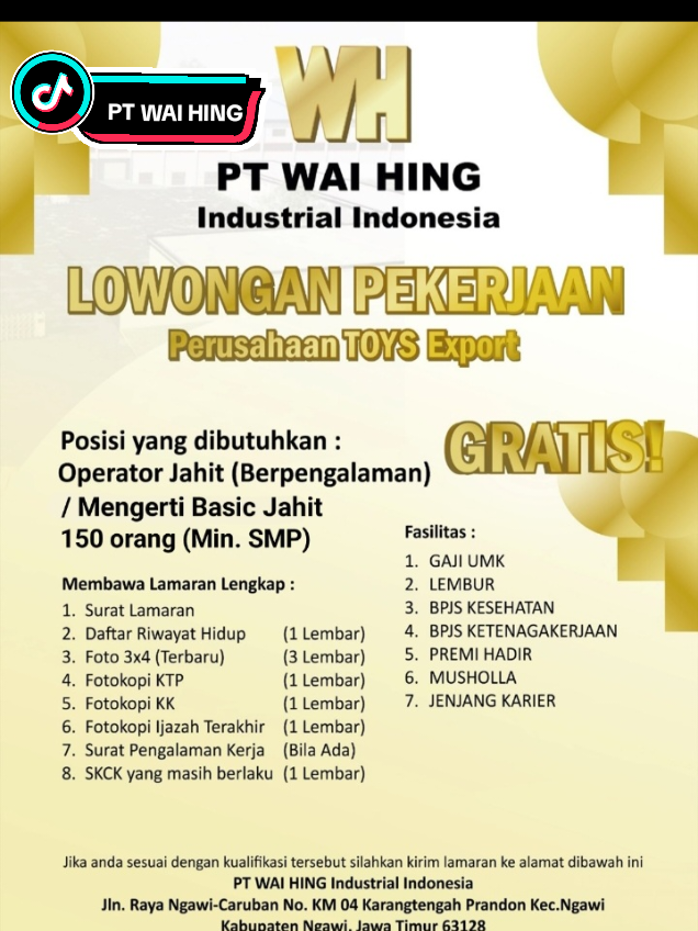 PT WAI HING Industrial Indonesia adalah perusahaan TOYS Export yang ada di Jln Raya Ngawi - Caruban Km 04, Karangtengah Prandon, Ngawi, Jawa Timur. membuka Lowongan Pekerjaan untuk Posisi : Operator Jahit. silahkan langsung di kirim .. #ptwaihing #ptwaihingindustrialindonesia  #lokerngawi 