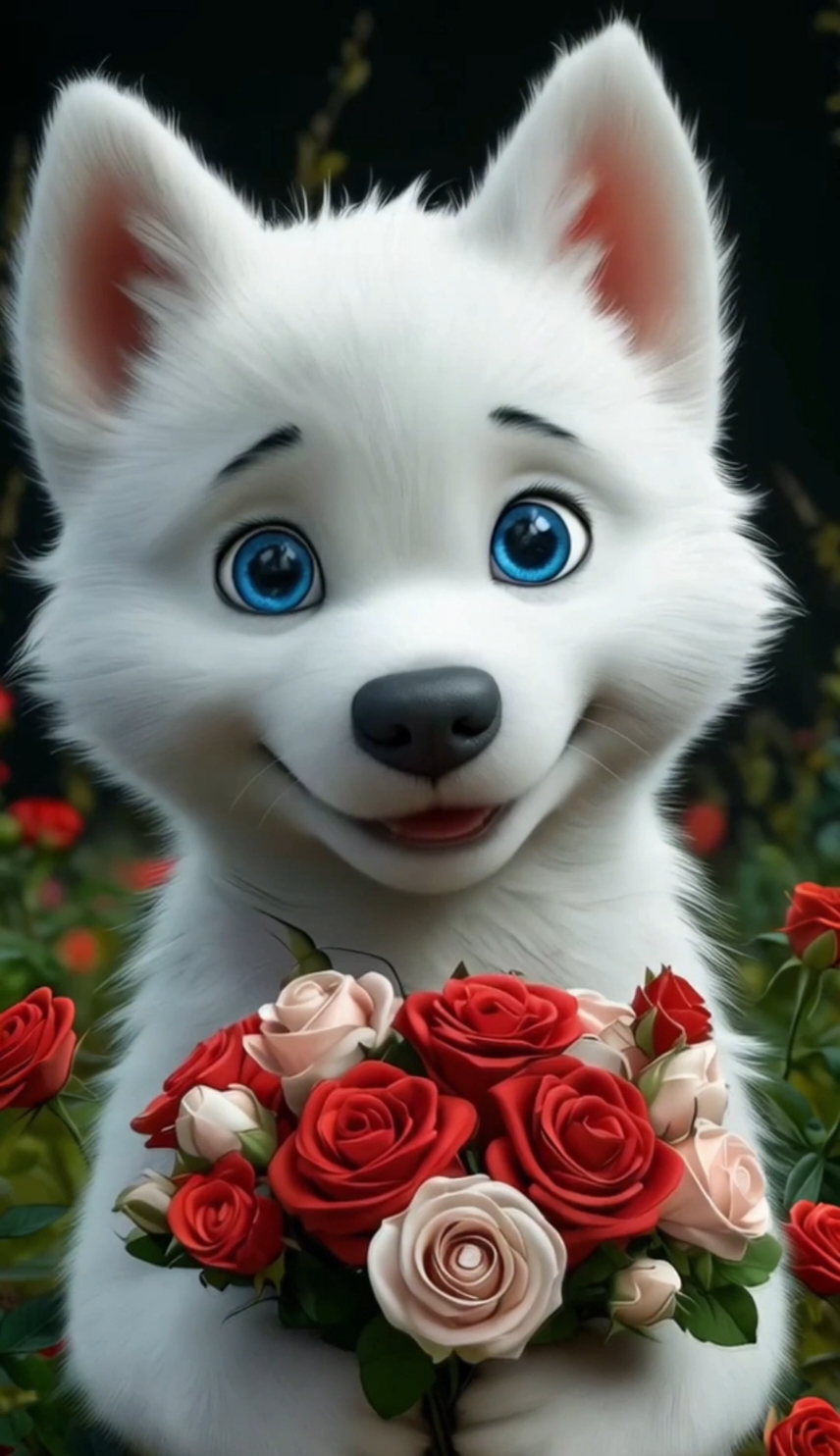 Cute, fluffy puppy, gives roses #cutepuppy #fluffypuppy #puppydog #roses #livewallpaper #живыеобои 