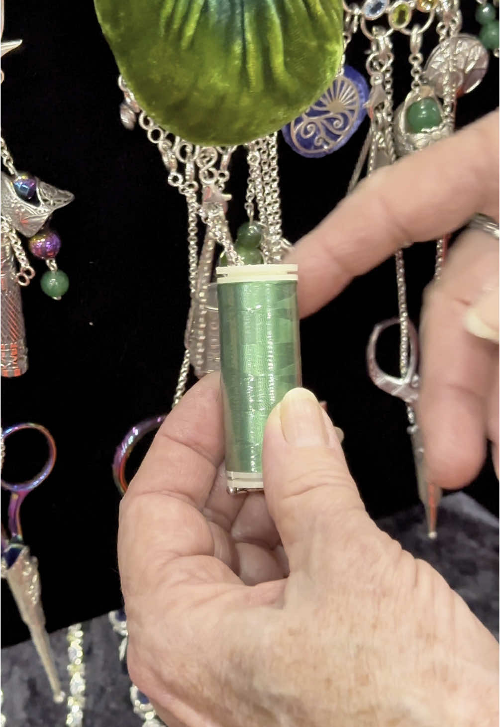 📍Pincushion Chatelaine - Spool Holder📍 Among the awesome tools to put on your chatelaine is a spool holder, which comes in a few varieties so you can keep your project thread right where you need it!  #thimblesforyou #sewingtools #thimble #thimbles #silversmith