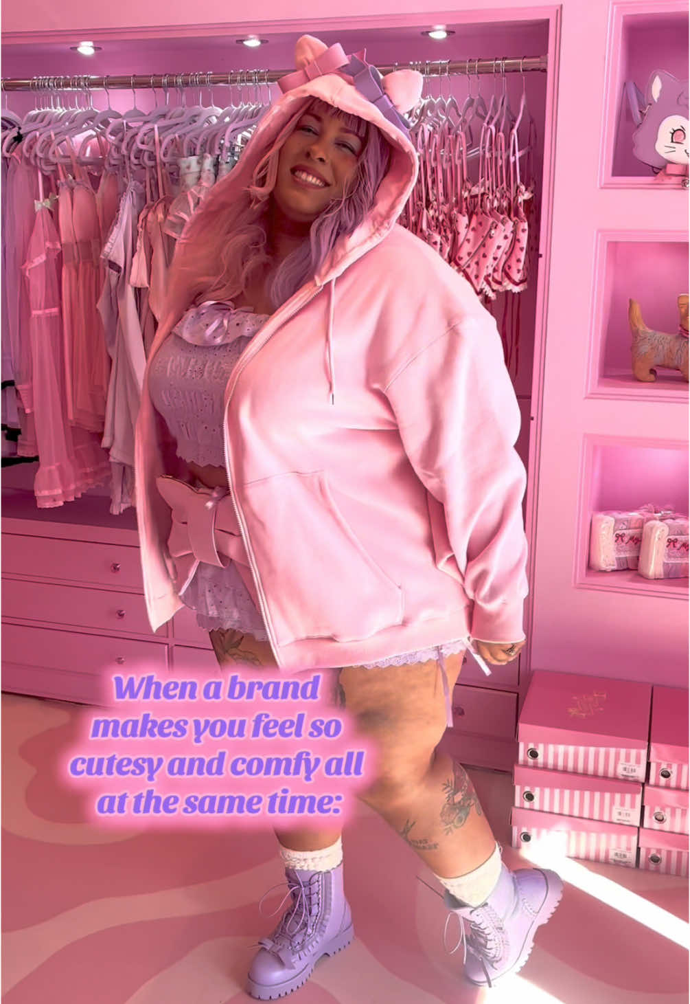 Cute? ✅ Comfy? ✅ XS - 5XL? ✅ Sign me up!! 💕🥰 🎀Model: @Courtney Shove  💜Items worn💜 🩷Batty Hoodie  💜Amethyst Cami / Bloomers 🩷Bow Fanny Pack (pink) 💜Cakewalk Combat Boots - Lavender 🩷Lovecore Scrunch Sock Pack (White pair) 🏷️: #fairykei #jfashion #fyp #myviolet #SmallBusiness #style #styleinspo 