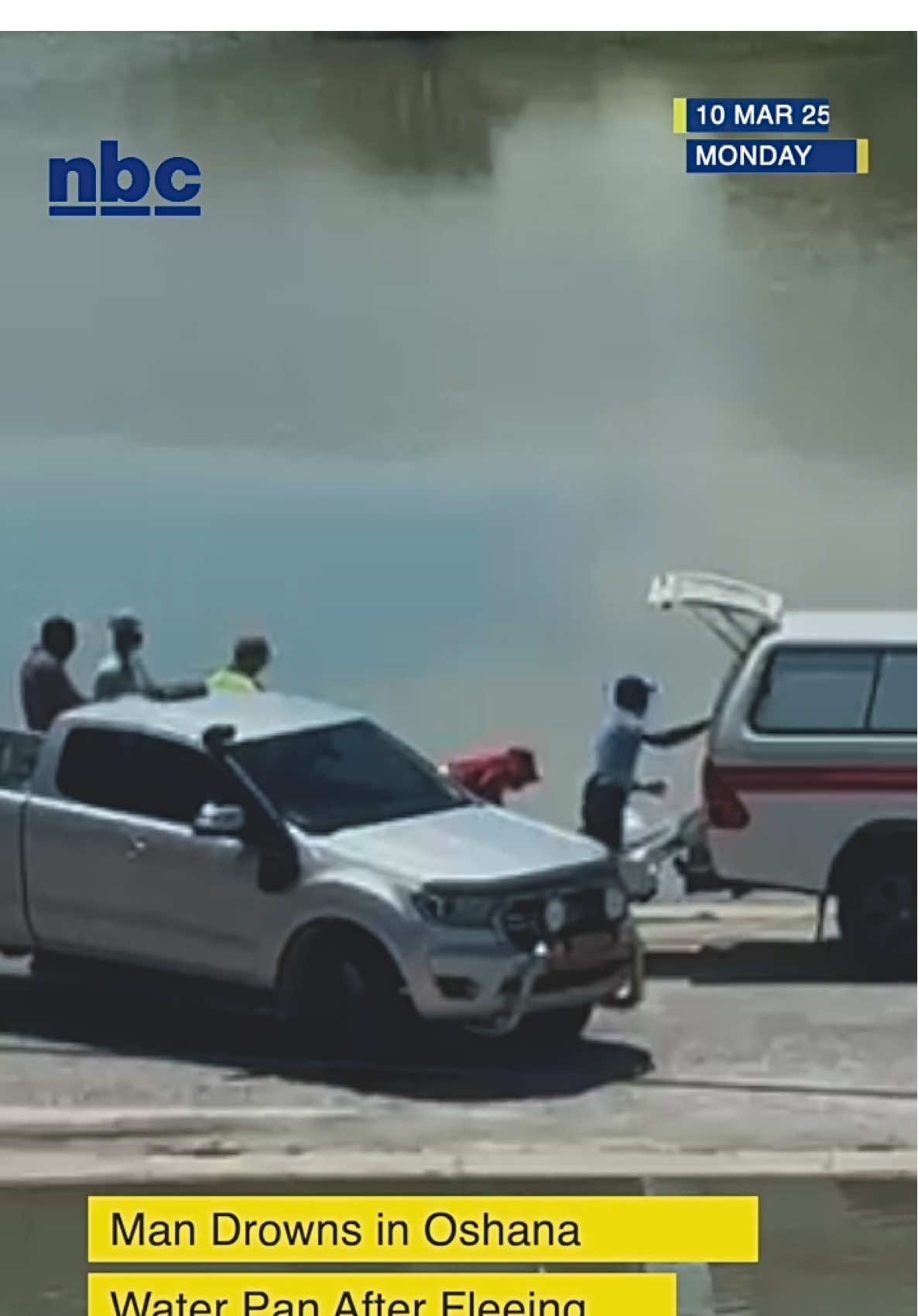 A man is believed to have drowned in a water pan this afternoon near the Okapya village in the Oshana Region.  The man, believed to be an Angolan national, allegedly attempted to assault the driver of a seven-seater sedan that was transporting passengers.  Eyewitnesses say the man then jumped out of the vehicle, ran towards a nearby water pan, and jumped into it, where he is believed to have drowned.  Police divers who responded to the scene managed to retrieve his remains.  Oshana Police Spokesperson, Chief Inspector Thomas Aiyambo, said there have been a total of 10 drowning incidents since the beginning of March.  Police investigations into the matter are continuing. Ndapanda Shuuya #NBCNews #nbcdigitalnews #nbcDSTV282 #nbcGOtv20 #nbcPlusApp