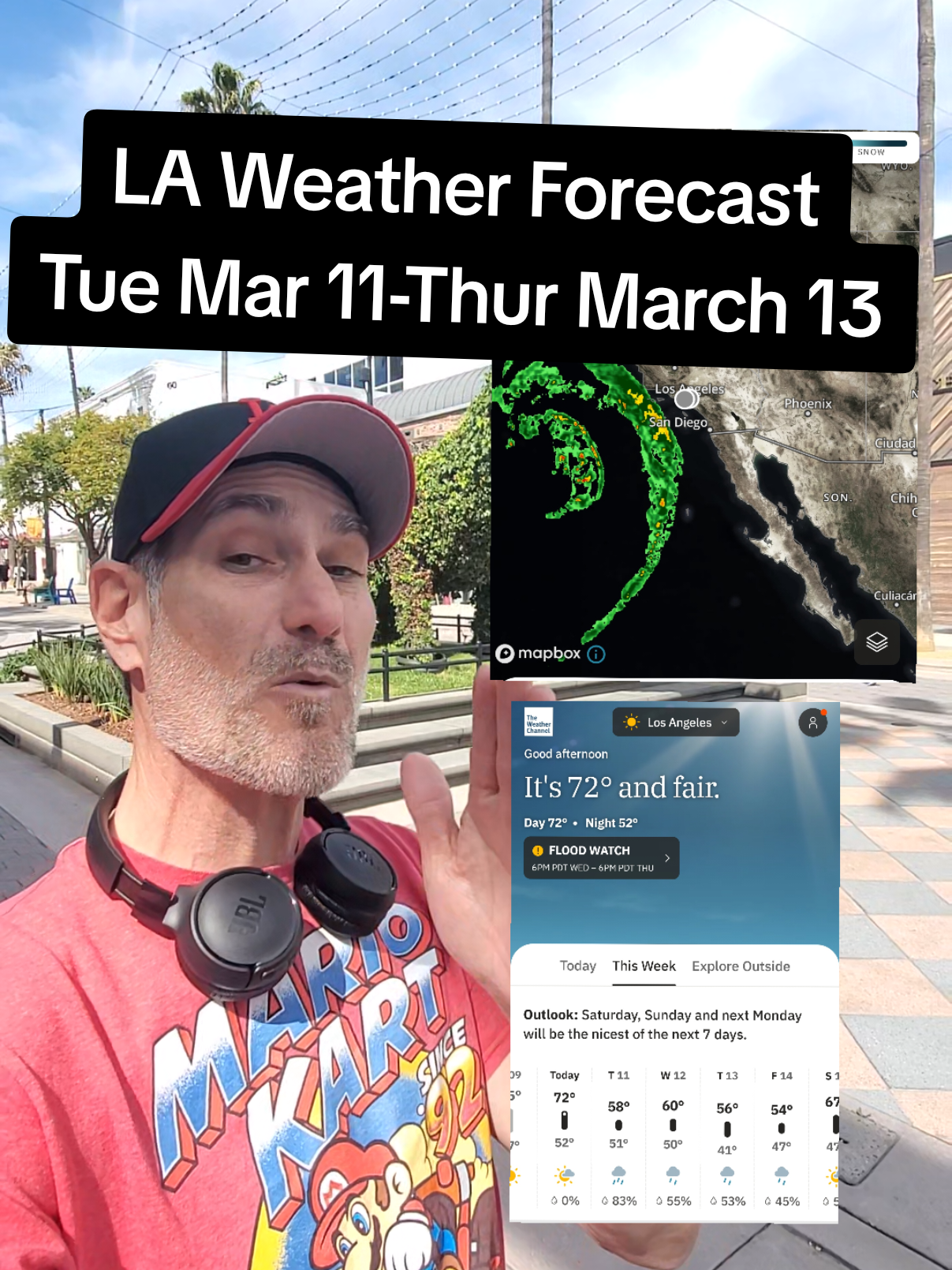 Rain starts Tue Mar 11 with flood watch in effect from Wed 6p - Thur 6p. The LA Marathon on Sun will be dry & cool. #LA #weather #rain #forecast