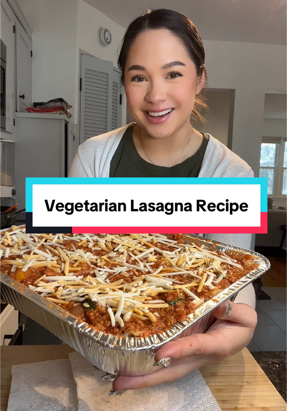 This vegetarian lasagna is a HIT! It is so good - I recieve so many compliments on it! Recipe: - 16 lasagna sheets - 1 Tbps olive oil - 1 onion - 2 Tbps minced garlic - 1 bag of chopped frozen zuchini - 1 tsp salt - 1 tsp pepper - 1 bag of garden ground beef - 42 ounces of tomato sauce - 2c ricotta  - 1 bag vegan mozzarella - 1c vegan cheddar/mozz mix (to top) #veganlasagna #vegetarianlasagna #vegetarianrecipe #veggielasagna #lasagnarecipe 