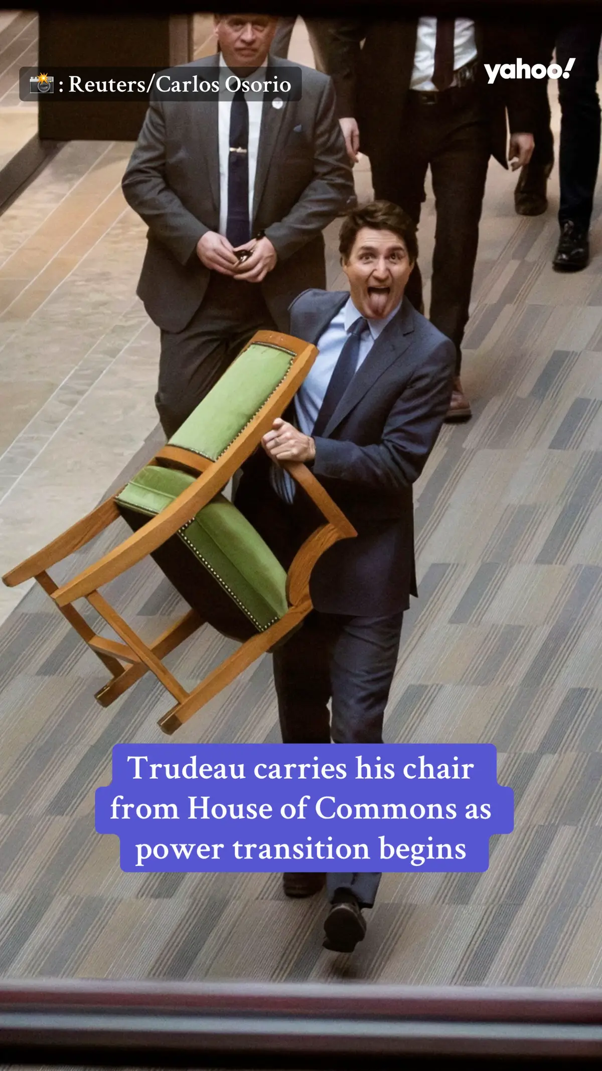 A Reuters photographer clicked a picture of Justin Trudeau carrying a House of Commons chair in Parliament Hill as he starts the process of power transition to new Liberal leader and PM-designate Mark Carney. As per parliamentary rules, an outgoing MP can purchase a replica of their chair in the chamber. #yahoo #news #newstoday #politics #canada #canadians #canadanews #fyp 