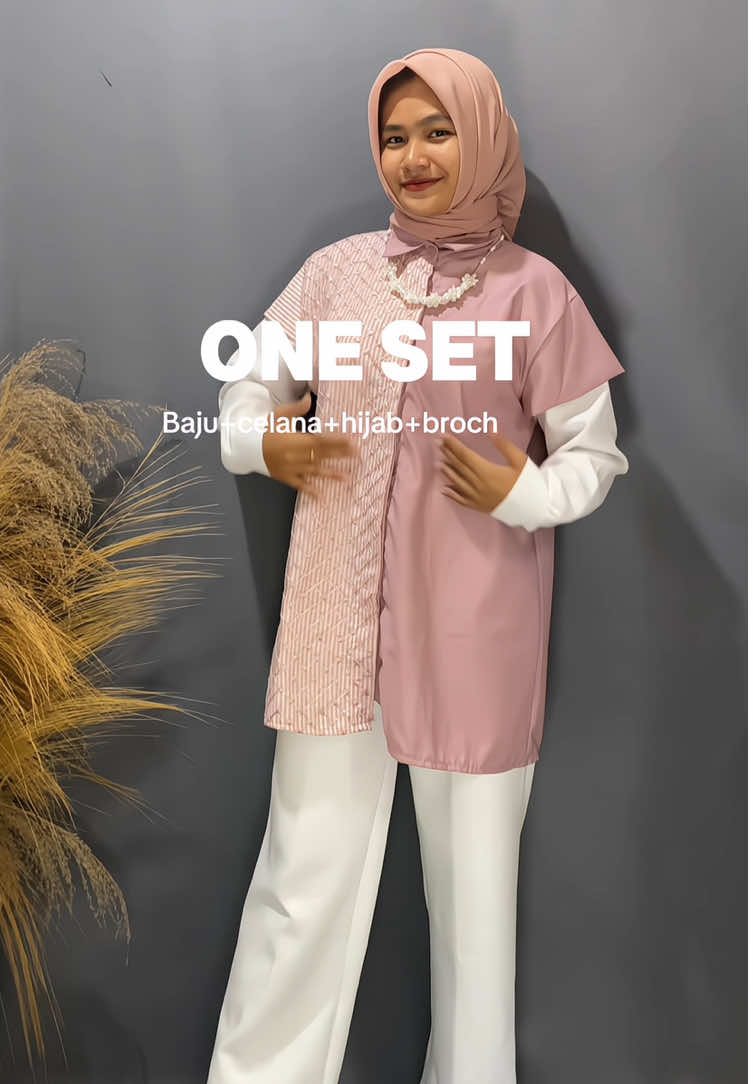 One set hari raya ( baju, celana, hijab dan broch ) #onesetlebaran #onesetcelana #fyp #oneset 