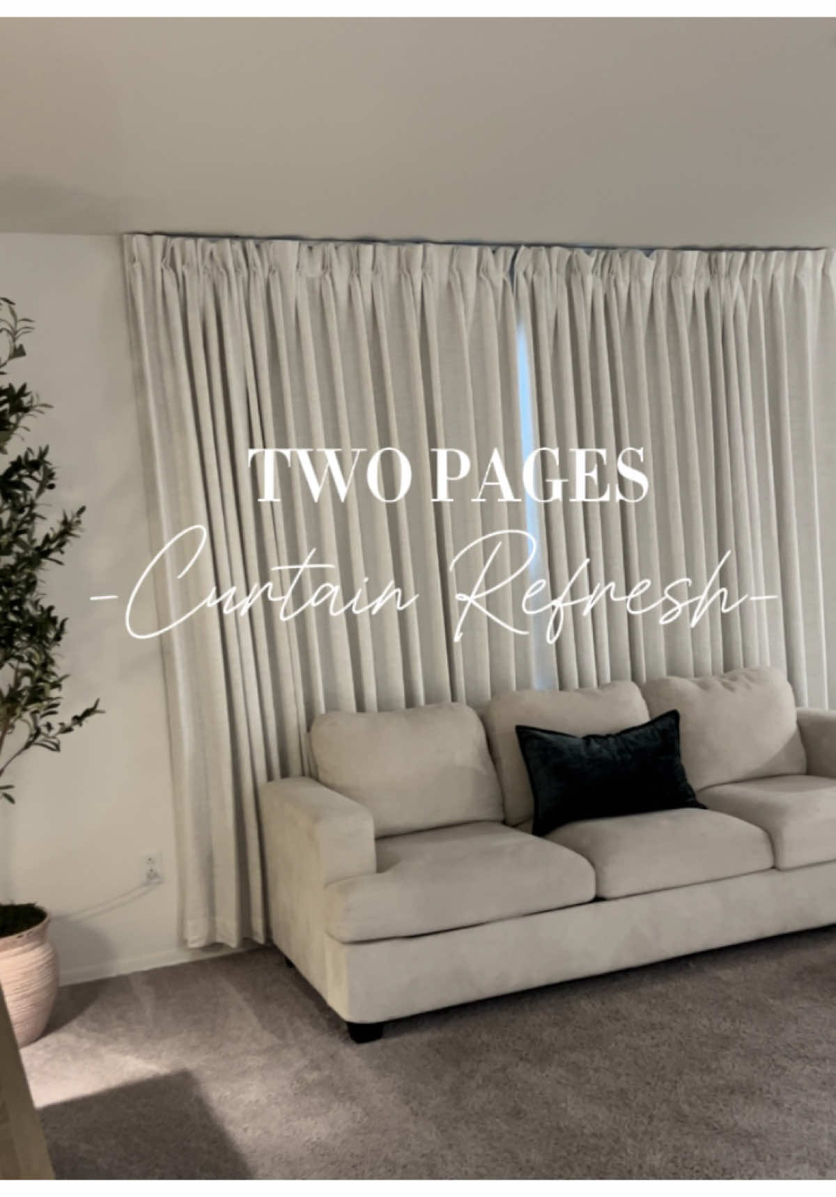 POV: You switch out your living room curtains and take them up to the ceiling 🔥😍 #twopagescurtains  Curtain Details: Liz linen drapes Color: Ivory white Pinch pleat Size: W:88 L:92 Liner Type: Thermal, Shading Rate 100%, 250 gsm microfiber Memory trained