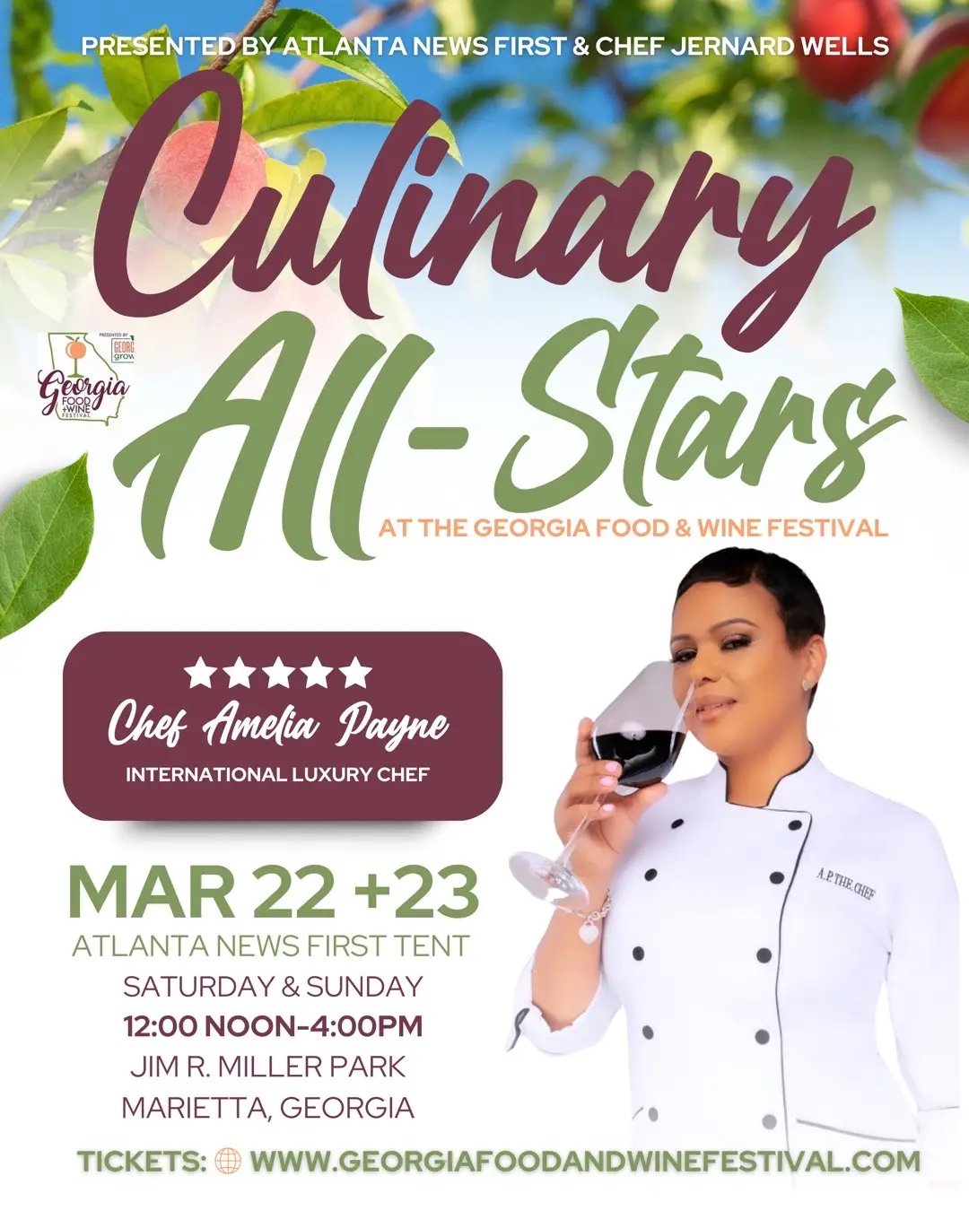 @Jernard Wells @Atlanta News  Join the Culinary All-Stars at the Georgia Food & Wine Festival! Presented by Atlanta News First & Chef Jernard Wells Get ready for an unforgettable culinary experience March 22nd-23rd at the Atlanta News First tent we are brining together some amazing chefs for a showcase of extraordinary flavors, and engaging conversations. Featuring: ⭐ Chef Amelia Payne – Internationally acclaimed Belizean culinary artist of Caribbean fusion chef.. Experience conversation from expert chefs, insights, and mouthwatering bites curated with libation. These celebrated chefs bring their talents to the Georgia Food & Wine Festival. Whether you’re a foodie, home cook, or industry professional, this is your chance to experience the Culinary All-Stars flavor! 📍 Location: Atlanta News First Tent 📅 Dates: March 22nd-23rd Don’t miss out on this star-studded culinary event—where food, culture, and creativity collide! See you there! 🍽✨  #GAFoodandWine #CulinaryAllStars #AtlantaNewsFirst