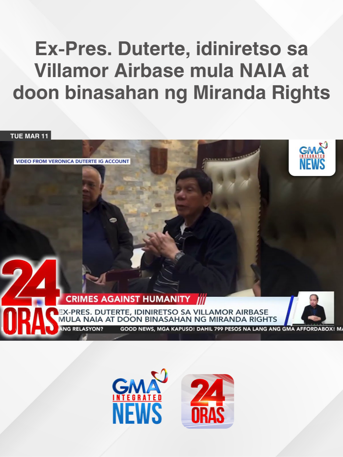 Pinag-uusapan na ang pagbiyahe sa eroplano kay dating Pangulong Rodrigo Duterte sa mga oras na ito, ayon sa post ng anak niyang si Kitty Duterte. Kanina, ipaaaresto siya ng International Criminal Court sa International Police o INTERPOL. Mabilis ang pagpapatupad niyan mula sa NAIA kung saan lumapag si Duterte mula Hong Kong hanggang sa Villamor Airbase, kung saan siya binasahan ng Miranda Rights. Siya ang kauna-unahang pangulo ng Pilipinas na pinahaharap sa international court. | 24 Oras #BreakingNewsPH #GMAIntegratedNews #24Oras