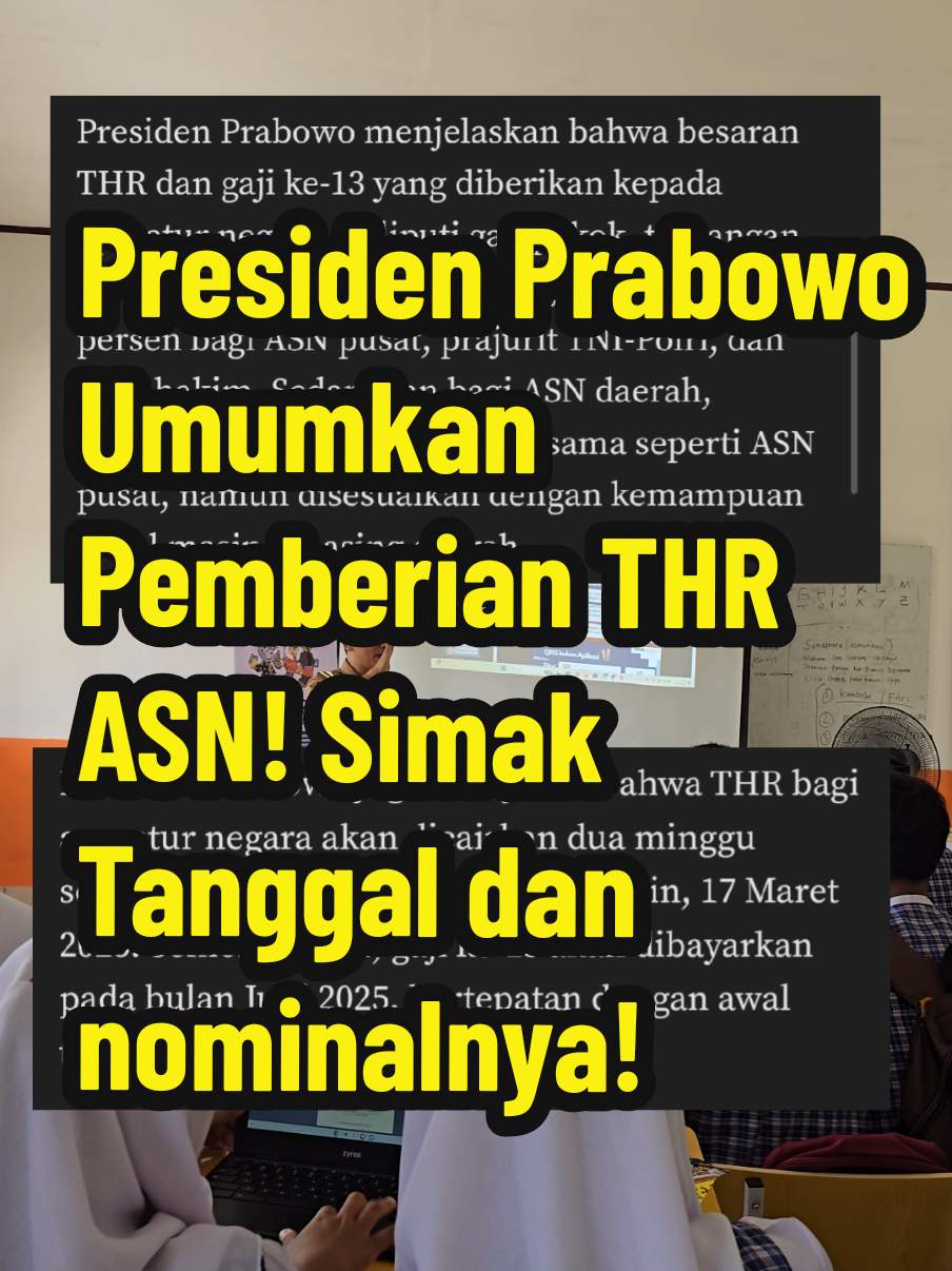 Siap Siap THR Untuk ASN.  Presiden Prabowo Umumkan Pemberian THR dan Gaji ke-13 bagi 9,4 Juta Aparatur Negara #ASN #THR #Lebaran #PPPK #p3k #fyp #foryoupage #liburan #ramadhan #PNS #TNI #Polri #Gaji13 #pendidikanindonesia #Pendidikan  @GKK PALI @GKKSUMSEL @gkk_muratara @GKK Musi Banyuasin @SMP NEGERI 7 PENUKAL @gkksdpalembang @gkk.musi.banyuasin  info: https://www.presidenri.go.id/siaran-pers/presiden-prabowo-umumkan-pemberian-thr-dan-gaji-ke-13-bagi-94-juta-aparatur-negara/