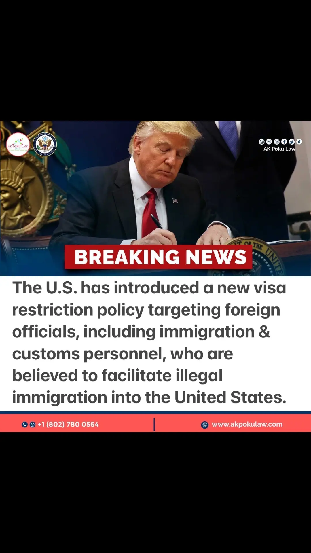 ICYMI: The U.S. government has introduced a new visa restriction policy targeting foreign officials who facilitate illegal immigration, including immigration and customs officials, airport and port authority officials, and others knowingly allowing unlawful entry at the U.S. southwest border. Certain family members may also face restrictions. These measures fall under Section 212(a) (3)(C) of the Immigration and Nationality Act, which allows the Secretary of State to bar entry to individuals whose presence could negatively impact U.S. foreign policy. This policy follows recent developments at the U.S. southwest border, where Arizona saw a 70% drop in illegal crossings in February 2025 due to stricter enforcement. ***** If you need help or guidance with any U.S. immigration matters, especially with these major changes, please don't hesitate to reach out. We're always ready to assist you. akpokulaw.com/consult/ ☎️☎️+1 (802) 780 0564☎️☎️ 🌍: www.akpokulaw.com 📨: hello@akpokulaw.com Post by Justine From the AK Poku Law Team #akpokulaw #akpoku #trump #trumpadministration #breakingnews #massdeportation #undocumentedimmigrant #immigrationjourney #immigrants #lawyer #usimmigrationlawfirm #immigrantslawfirm #citizenship #usvisa #greencard #americandream #Ghana #uscis #immigrantslawyer #immigrationlaw #immigration #usimmigration #DMVimmigrationlawyers #Virginiaimmigrationlawyers #Marylandimmigrationlawyers #bestimmigrationlawyer #immigrationlawyers 