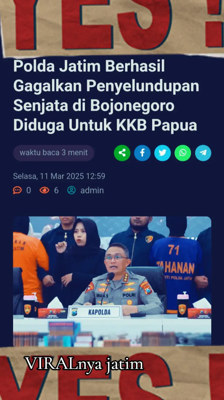 Polda Jatim Berhasil Gagalkan Penyelundupan Senjata di Bojonegoro Diduga Untuk KKB Papua SURABAYA, Direktorat Reserse Kriminal Umum (Ditreskrimum) Polda Jawa Timur berhasil mengungkap kasus penyelundupan berbagai jenis senjata api. Senjata api dan amunisi itu diketahui akan disuplai kepada Kelompok Kriminal Bersenjata (KKB) di Puncak Jaya, Papua. Kapolda Jatim, Komjen Pol Imam Sugianto mengatakan keberhasilan ini merupakan hasil pengembangan dari penangkapan yang dilakukan oleh Polda Papua. “Dari hasil pengembangan kasus di Papua yang kemudian mengarah pada pemasok senjata dari Bojonegoro, Jawa Timur,” ujar Komjen Imam Sugianto saat konferensi pers di Mapolda Jatim, Selasa (11/3). Disebutkan oleh Komjen Pol Imam Sugianto, total ada Tujuh tersangka yang telah diamankan oleh Polda Jatim, Polda Papua, dan Polda Daerah Istimewa Yogyakarta (DIY). Dari ketujuh pelaku tersebut terdapat dua orang mantan anggota TNI Kodam 18 Kasuari yang diamankan oleh Polda Papua dan Papua Barat, berinisial YE dan ES. “Dari penangkapan keduanya, diketahui bahwa pembuat senjata berasal dari Bojonegoro,” terang Komjen Imam Sugianto. Masih kata Komjen Imam Sugianto, Polda Jatim kemudian menindaklanjuti dan menangkap Tiga tersangka, yakni TR selaku pemasok dan distributor senjata serta amunisi, MK yang berperan sebagai operator mesin perakitan senjata api, dan PJ sebagai perakit senjata. “Tersangka ketujuh adalah AP yang berperan sebagai penyimpan senjata dan amunisi di Kecamatan Minggir, Kabupaten Sleman, DIY,” pungkas Kapolda Jatim. Sementara itu, Kapolda Papua, Irjen Pol Petrus Patrige Rudolf Renwarin, dalam konferensi pers melalui Zoom di Polda Jatim, menyampaikan bahwa barang bukti yang berhasil diamankan meliputi 982 butir amunisi berbagai kaliber. “Ada amunisi 42 butir kaliber 5,56 mm, 198 butir kaliber 5,6 mm, 152 butir kaliber 30, 197 butir kaliber 7,62 mm, dan 14 butir kaliber 9 mm,” ungkap Irjen Pol Petrus Patrige Rudolf Renwarin. Selain itu, Polisi juga menyita Lima senjata api, terdiri dari Dua senjata rakitan jenis Fajar dan Tiga senjata api laras pendek. Kapolda Papua menegaskan bahwa tidak ada keterlibatan oknum TNI/Polri dalam kasus ini. Namun, jika ditemukan ada anggota yang terlibat dalam jual beli senjata api kepada KKB, maka akan diberikan tindakan tegas. “Kalau ada anggota TNI yang terlibat dalam jual beli senjata api kepada kelompok kriminal bersenjata, maka mereka wajib dihukum dengan ditembak mati, karena mereka sangat sadar bahwa senjata tersebut akan digunakan untuk membunuh rekan mereka yang bertugas di wilayah konflik,” tegas Irjen Petrus Patrige Rudolf Renwarin. Diberitakan sebelumnya, sebuah rumah di Perumahan Kalianyar di Desa Kalianyar, Kapas Bojonegoro digerebek Polisi. Rumah itu diduga menjadi tempat perakitan senapan tanpa izin. Dari informasi yang dihimpun, penggerebekan dilakukan oleh personel gabungan dari Polda Jatim dan Satgassus Mabes Polri pada Sabtu (8/3) siang sekitar pukul 13.00 WIB hingga pukul 22.30 WIB. Saat dilakukan penggerebekan, didapati seorang perempuan yang merupakan istri penghuni rumah dan dua pria yang diduga sebagai pekerja di bengkel perakitan. Sementara itu, pihak pemerintah Desa Kalianyar membenarkan adanya penggeledahan serta penyitaan yang dilakukan Polisi. “Iya Sabtu kemarin. Pihak desa hanya diminta jadi saksi, infonya tempat perakitan senjata. Kebetulan saya tidak rumah, jadi diwakili oleh salah satu perangkat. Rumah itu dikontrakkan dan bukan warga Kalianyar,” terang Kades Ibnu Ismail. Dari penggeledahan dan penyitaan yang dilakukan oleh Polisi, diamankan beberapa mesin bubut yang diangkut oleh truk derek mobil pikap. “Yang saya tahu ada mesin yang diangkut pakai mobil towing dan pakai pikap, soalnya ditutup terpal,” ucap AT, salah satu warga lain.  