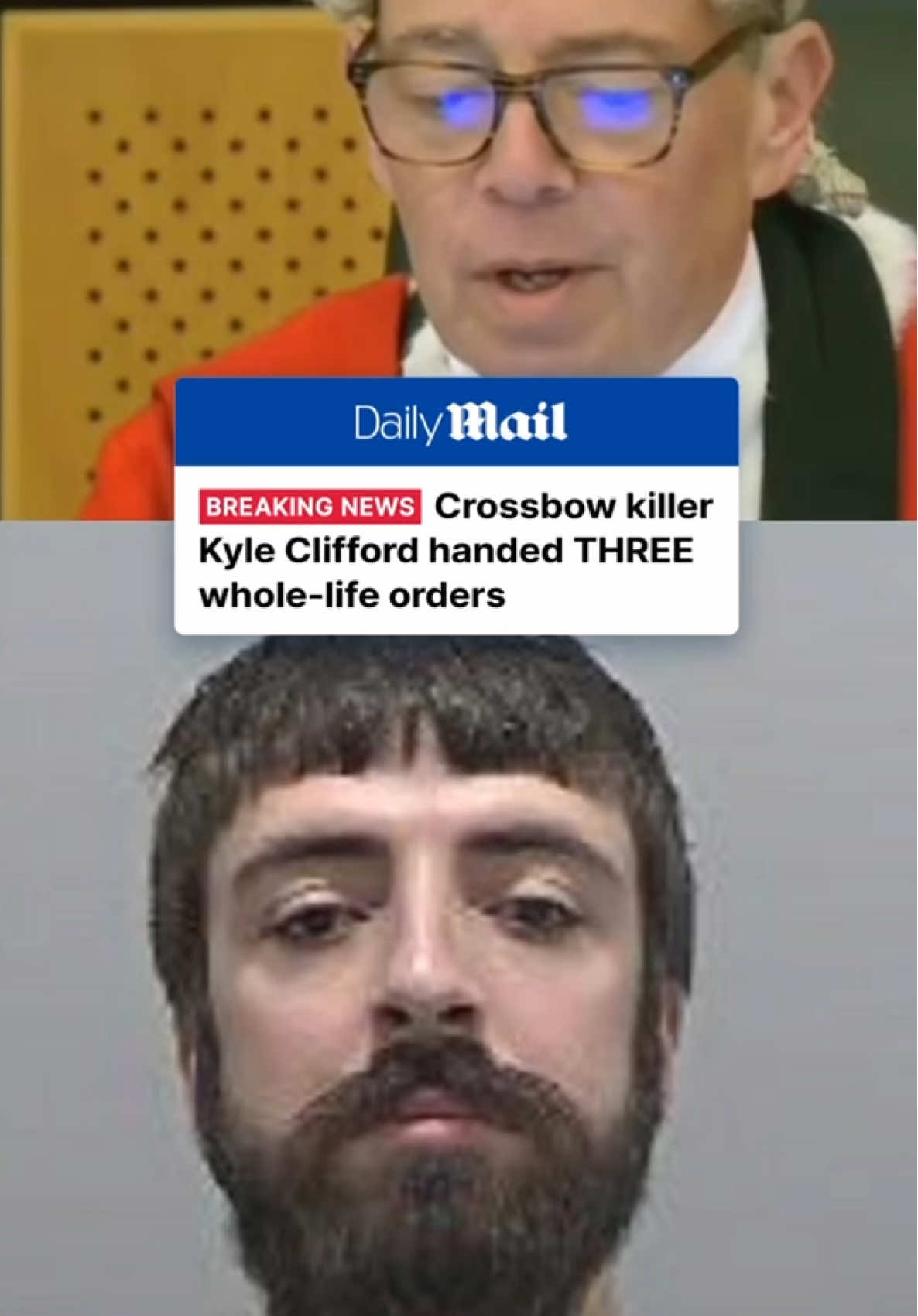 BREAKING: Crossbow killer Kyle Clifford will never be released from prison. He was today handed three whole life orders after slaughtering BBC star John Hunt's family and raping his ex-girlfriend.   Former soldier Clifford, 26, subjected the three women to a terrifying five-hour ordeal last July, in which he raped and murdered Louise Hunt, 25, with a crossbow at her family home.  On the same day, he also fatally stabbed her mother Carol, 61, eight times and shot dead her 28-year-old sister Hannah.  Mr Justice Joel Bennathan issued a whole life tariff for each murder at Cambridge Crown Court this afternoon. #kyleclifford #crime #bushey #news #crossbow #sentenced #shocking #prison 