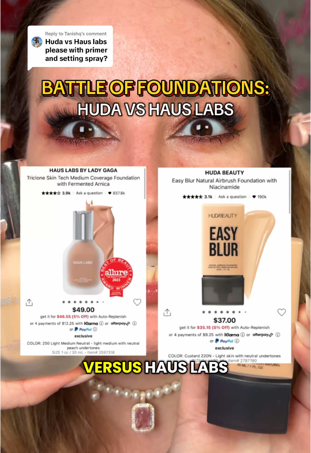 Replying to @Tanishq BATTLE OF FOUNDATIONS: @Huda Beauty VS @Haus Labs by Lady Gaga ✅🚨 Which foundations should I use next? #foundation #oilyskin #skintexture #largepores #hudabeauty #hauslabsfoundation #hauslabs 