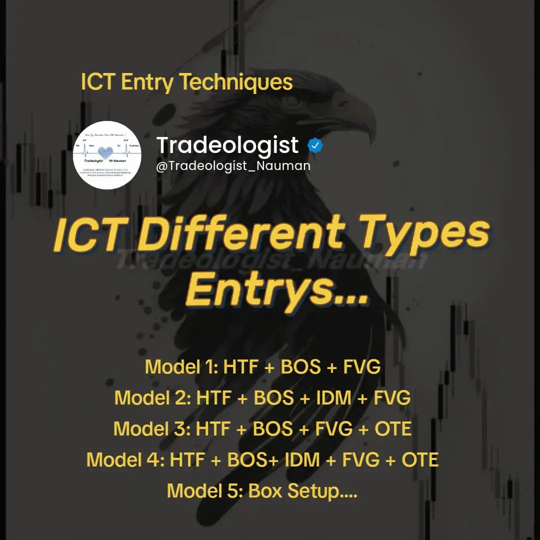 Model 1: HTF + BOS + FVG Model 2: HTF + BOS + IDM + FVG Model 3: HTF + BOS + FVG + OTE Model 4: HTF + BOS+ IDM + FVG + OTE Model 5: Box Setup.... #ICT_CISD #Tradewithtradeologist #TradeologistNauman_Trader #QML #QML #strategy #Tradewithtradeologist #smart_money_technique #Change_In_State_Of_Delivery #smart_money_concept #tradeologist💸 #Orderblock #liquidity #smt #Orderblock #crptocurrency #tradeologist_nauman #TNT #smart_money_concept #smt #irl #erl #dol #ICTentrys #entrys 