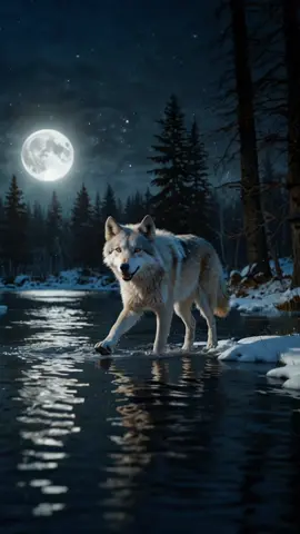Fond d'écran épique live 4k: Beautiful grey wolf walking in the river at full moon. #wolf #wolfdog #moon #4k #wallpaper #livewallpaper 