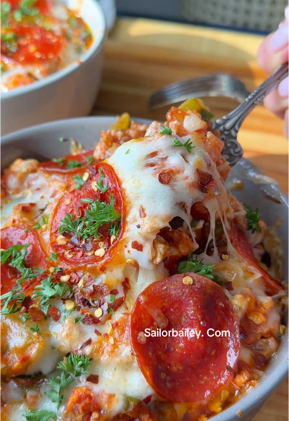 Pizza bowls! Full recipe is linked in my profile or on sailorbailey .com #foodtiktok #fyp 