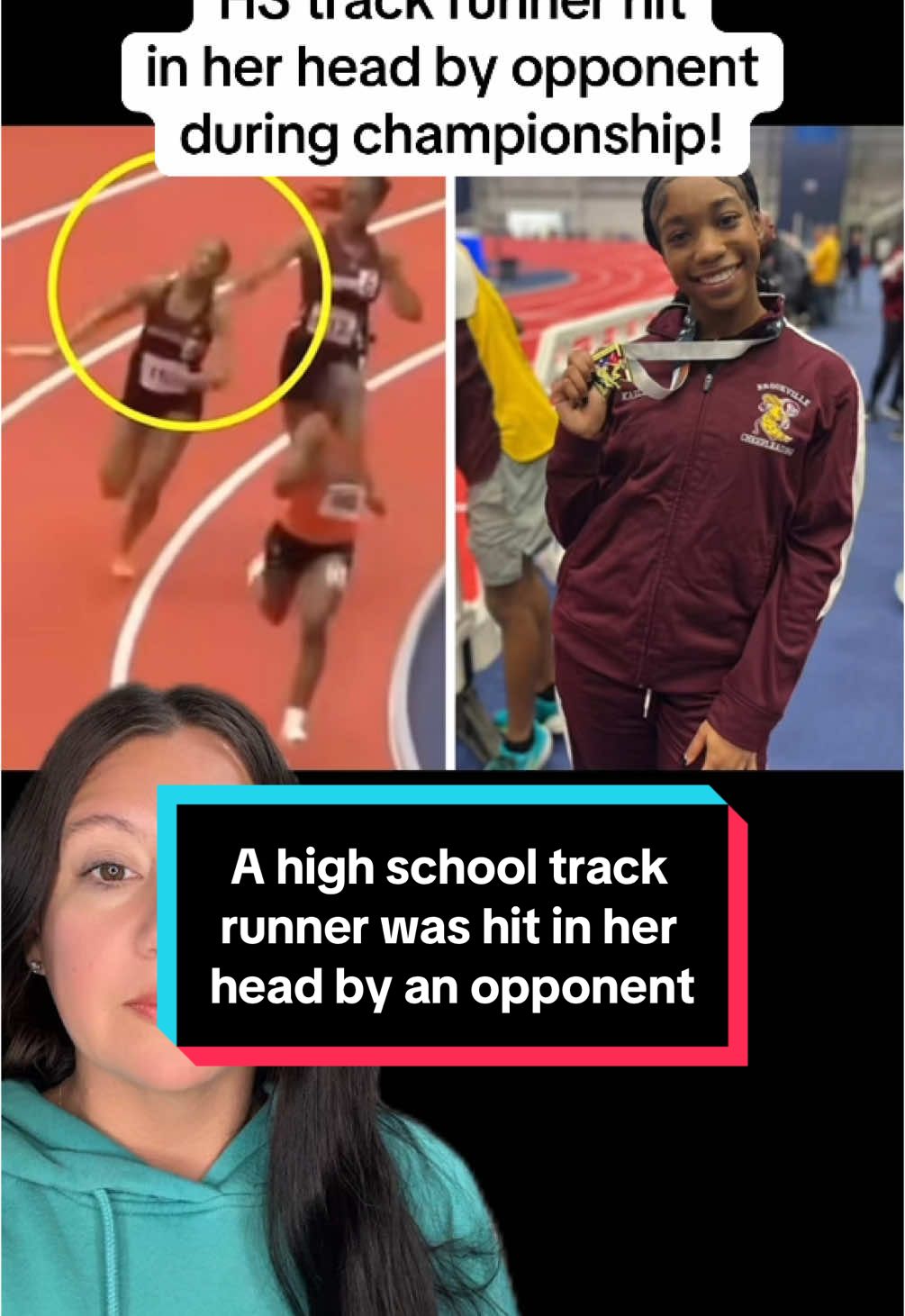 A Virginia high school track runner was hit in her head with a baton by an opponent at a championship meet. Was it on purpose?? #fyp #foryou #virginia #highschool #track #sprint #relay #baton #run #runner #athlete #viral #viralvideo #xyzbca #accident 