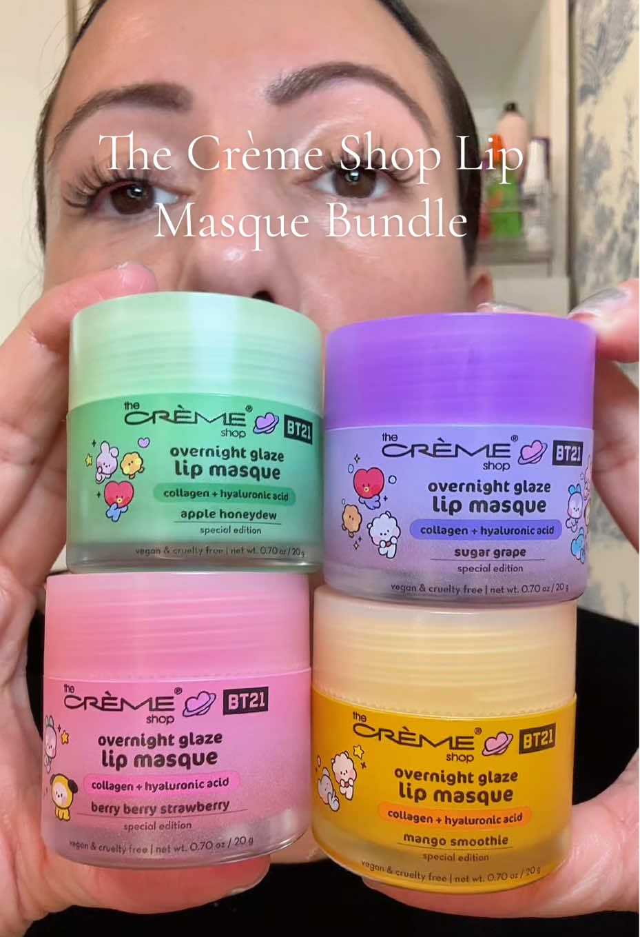 The Crème Shop Lip Masque Bundle:  4️⃣ Flavors - 🍇 Sugar Grape | 🥭 Mango | 🍏 Apple Honeydew | 🍓 Strawberry   #lipmask #lipbalm #lipbalmaddict #thecremeshop #thecremeshopbt21 #tiktokshopspringglowup 