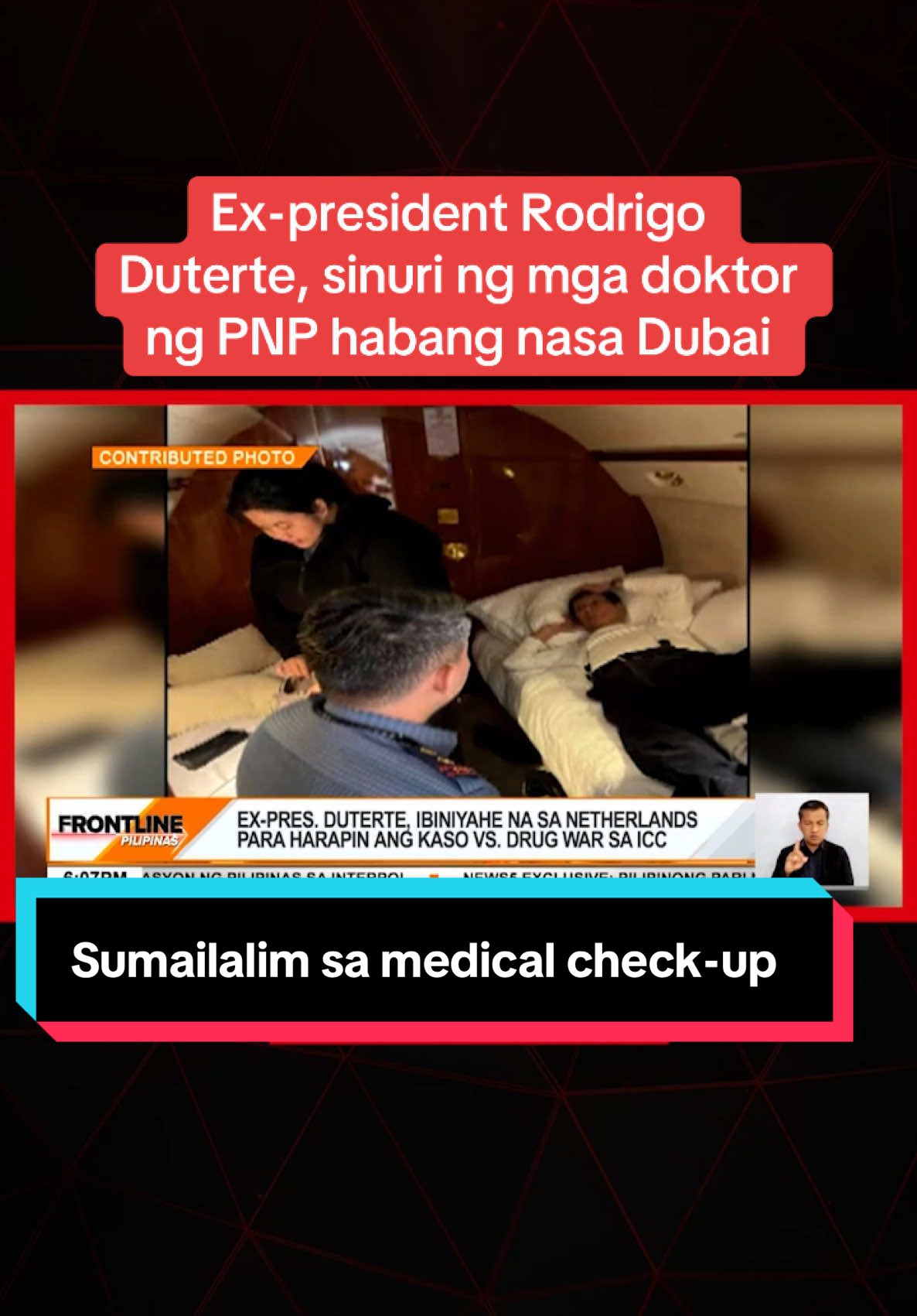 Sumailalim sa medical check-up si dating pangulong Rodrigo Duterte nang mag-lay over ang sinakyang eroplano sa Dubai. Nagkaroon naman ng tensyon sa Villamor Air Base sa Pasay CIty bago siya ilipad. #FrontlinePilipinas #News5 #BreakingNewsPH 