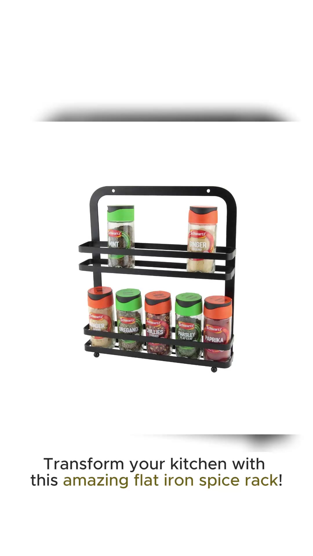 Flat Iron Spice Rack 2 Tier Black Strong Wall Hanging Kitchen Metal Organiser Hangable