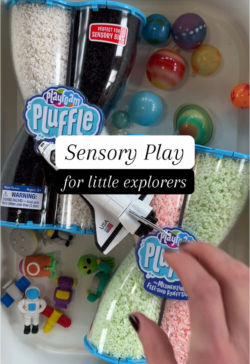 Sensory Play for little explorers🚀this space-themed sensory bin uses glow in the dark Pluffle to turn playtime into a journey of learning and imagination✨ #sensoryplay #sensorybin #activitiesforkids #learnthroughplay #toddlermom #sahm 