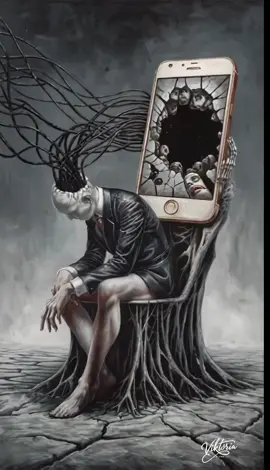 🧠The Disconnected Mind  A man, drained and powerless, slowly collapses forward, his hands pressing against the cold, cracked ground. His head, now nothing more than a tangle of black cables, stretches endlessly toward the giant, cracked smartphone looming behind him. The screen flickers, revealing two eerie faces—his own—watching him with an unsettling, insatiable curiosity, as if craving every thought, every secret. The cables tighten, pulling him closer, as if feeding his essence into the digital void. Glowing electric pulses surge from the screen, tethering him in place. He is no longer in control. He is being watched, consumed, absorbed. His existence reduced to nothing more than a reflection inside the algorithm. 💀 A haunting vision of digital enslavement, where we no longer own our thoughts—social media does. 🎭 🔗 Are we still in control, or just fuel for the machine? Drop your thoughts below. 👁️👇 #SurrealArt #AIArt #SocialMediaSlavery #TrappedInTheScreen #DarkSurrealism #ExistentialHorror #DigitalAddiction #LostInTechnology #TheDisconnectedMind #whatdoyouthink? 