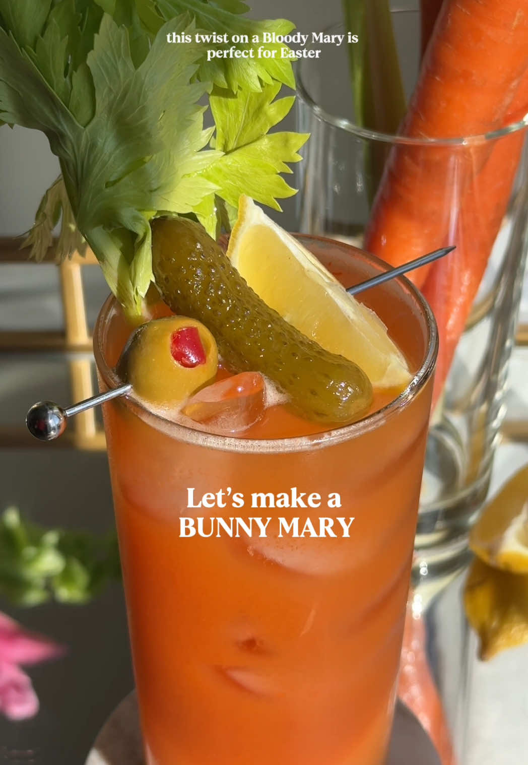 Let’s make a Bunny Mary! 🐰💐🥕 This twist on the classic Bloody Mary is perfect for Easter because instead of Bloody Mary mix, the base of this cocktail is actually carrot juice! I’ve been seeing this recipe float around, and I finally had to try it out for myself. Let me know if you’ll be trying one this spring! Recipe below.  - 3-4 oz carrot juice - 4-5 dashes of hot sauces - 2 oz vodka - 3/4 oz olive brine (you could also use pickle juice or caper brine here, too!)  - 3/4 honey syrup (1:1 ratio of honey to water, heated until dissolved) - 3/4 oz lemon juice Garnish with all the savory fixings – pickles, olives, a lemon wedge and why not throw in a whole stalk of celery while we’re at it! Cheers & enjoy.  #springcocktail #thespritzeffect #bunnymary #easter #brunch #brunchcocktail #bloodymary 