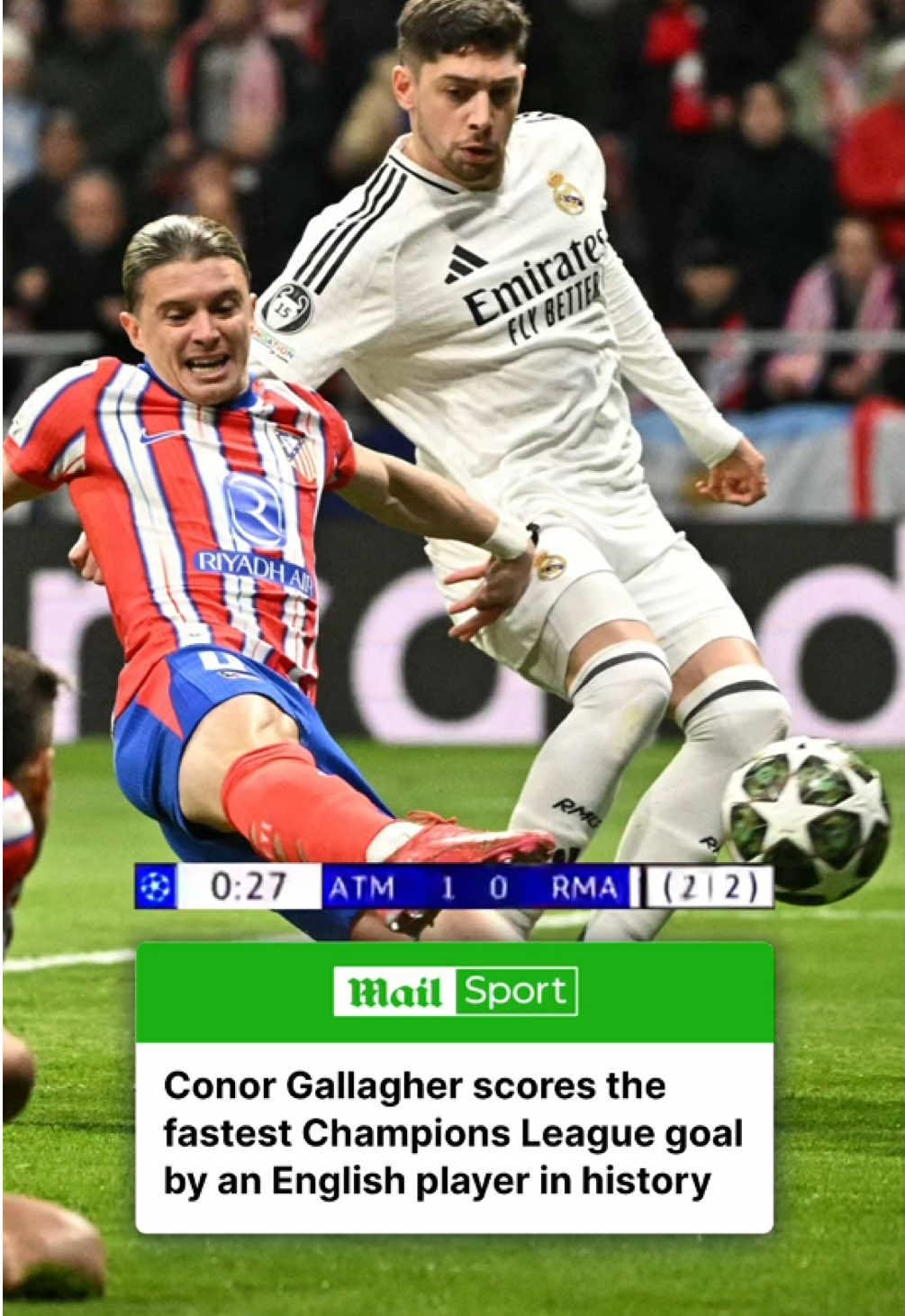 Conor Gallagher's strike for Atlético Madrid vs Real Madrid in the Champions League after 27 seconds is the fastest goal ever scored by an English player in the history of the competition 👏🏴󠁧󠁢󠁥󠁮󠁧󠁿