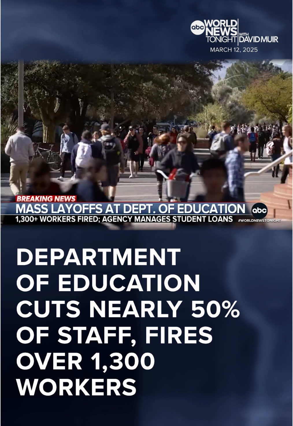 The Dept. of #Education, which oversees federal loans, financial aid and other programs, has cut nearly half of its workforce— firing 1,300 workers. #RachelScott has more on what Secy. of Education Linda McMahon says about the services families depend on. #WorldNewsTonight #WNT #DavidMuir #News #ABCNews