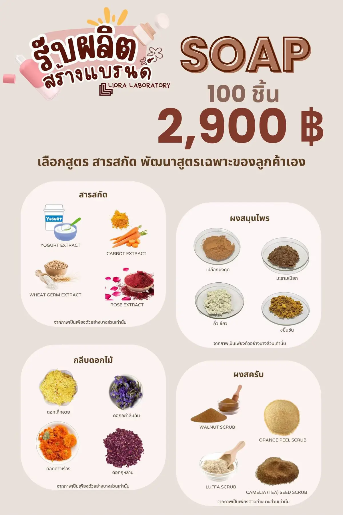 📌โปรผลิตสบู่ ราคาโรงงาน ลงทุนเพียง 2,900 บาท‼️ เริ่มต้น 100 ชิ้น เป็นเจ้าของแบรนด์ได้เลย 🎋🍀รับผลิตสบู่ ผิวหน้า ผิวกาย🍀🎋  มีสูตรให้เลือกมมากกว่า 100 สูตร ลูกค้าสร้างสรรสูตรเองได้แบบไม่ต้องเหมือนใคร  🎈บริการขอเลขที่จดแจ้งเครื่องสำอาง🆓 🎈ฟรี บรรจุภัณฑ์+ฉลาก+ซีล🆓 ลูกค้าจะได้รับบริการแบบครบวงจร รอรับสินค้าพร้อมจำหน่าย 🛒มีสินค้าตัวอย่าง (TESTER) จำหน่ายทดลองใช้  ในราคา 300 บาท       เลือกตัวอย่างได้ 2 แบบ ขนาด 50 กรัม 🔵สนใจทำแบรนด์ สอบถามข้อมูล กดทักข้อความได้เลยนะคะ Inbox Facebook : Liora Laboratory 📱Line : https://line.me/ti/p/sawkgT3V8k 📞 099-241-5713