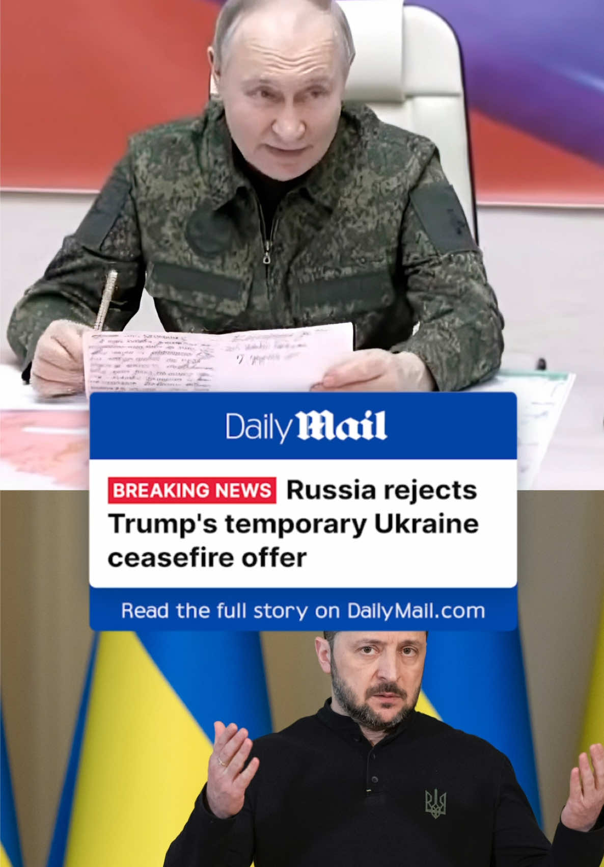 Vladimir Putin shows no sign of bowing to pressure to accept Washington's ceasefire proposal, with the Kremlin warning the Russian dictator that it will only serve to benefit Ukraine. Putin aide Yuri Ushakov expressed his opposition to the proposed US deal, saying that it would give breathing space to Ukrainian forces at a time when Moscow is close to fully retaking territory in its Kursk region from Kyiv's forces. This comes as Donald Trump's special envoy Steve Witkoff landed in Moscow this morning to try to convince Russia to accept a 30-day ceasefire, which Ukraine agreed to earlier this week in crunch talks with the US.  Read more at DailyMail.com  #kremlin #russia #peace #ukraine #trump #ceasefire 